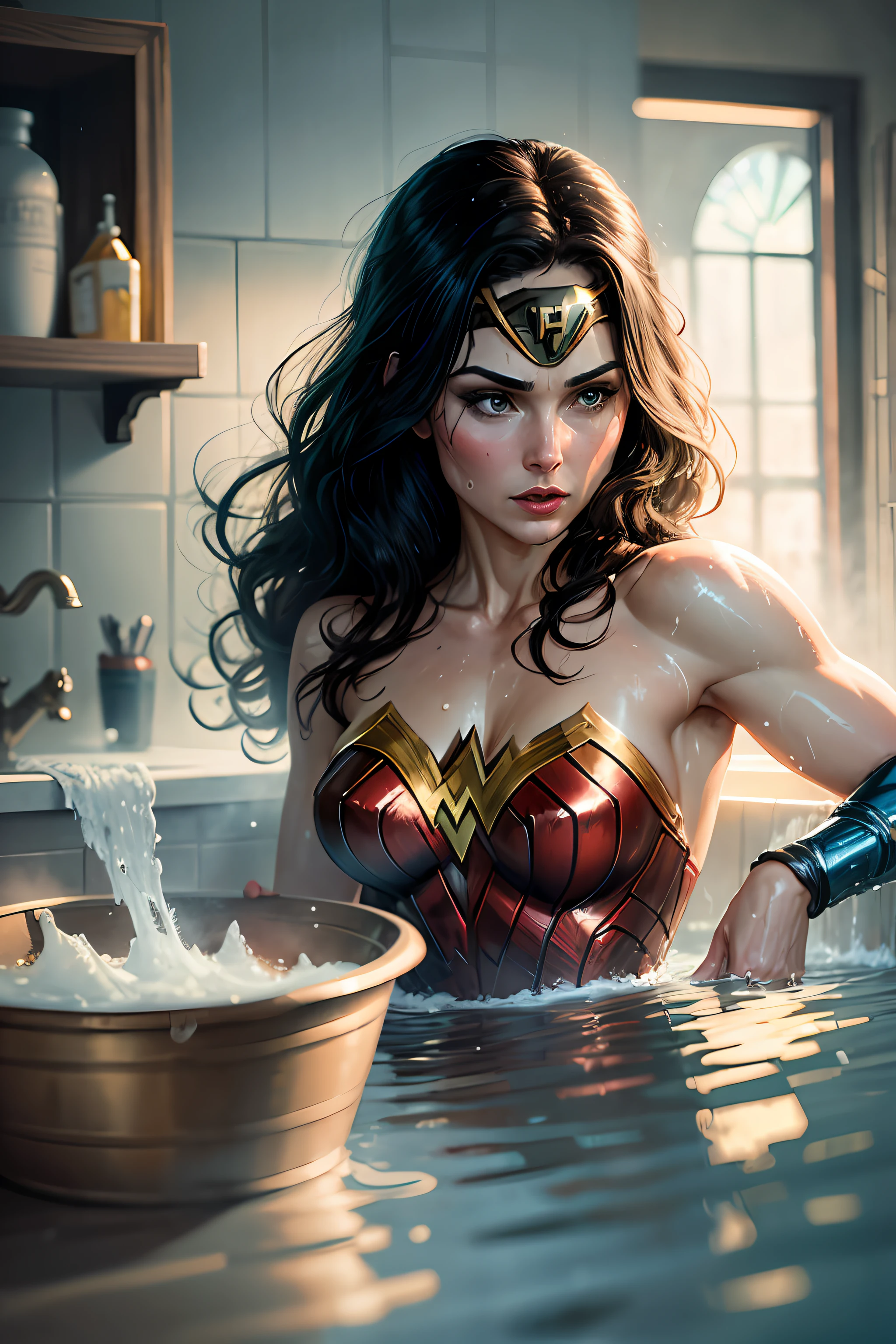 Batman catches Wonder Woman in towels coming out of the bath still wet, 64k, --auto --s2