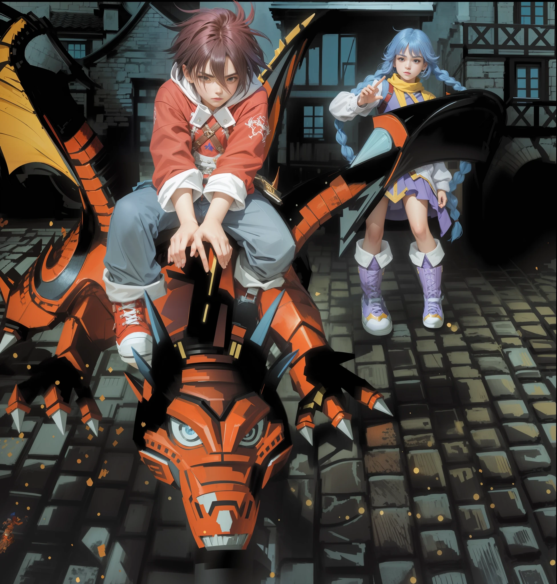 A cool teenager riding a dragon, boy with short brown hair, red top, blue pants, red sneakers, serious.       Western fire dragon, dragon is red, black pattern.         Behind stands a girl in purple, blue hair with two long braids, brown stockings, purple boots, 3D, cute, soft light, European architectural background, HD, Disney style, perfect fingers