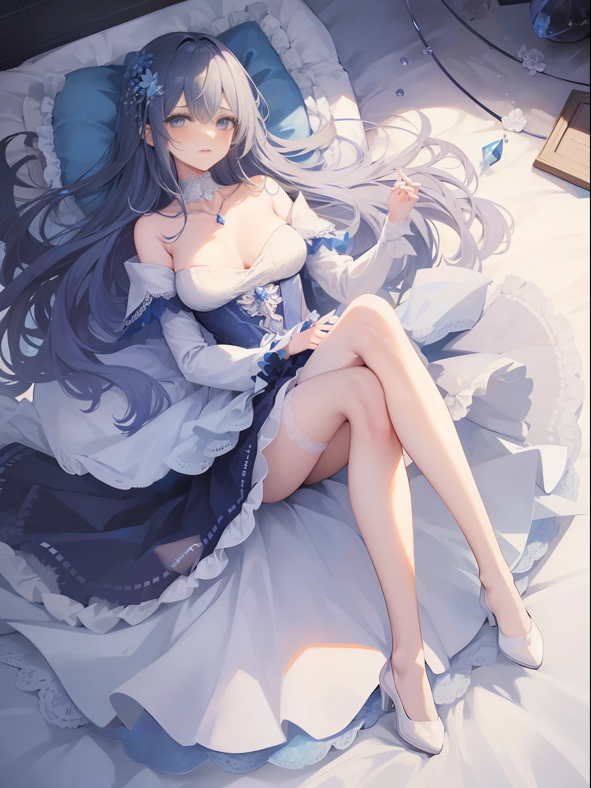 A beautiful girl, sweet, full body photo, flesh-colored lace, light blue long hair, closed moon shame flower, overwhelmed by the country, incomparably beautiful, white stockings, dark blue eyes, full body portrait, close-up, crystal high heels, full body portrait, lying on the bed, dark blue gauze skirt, delicate facial features, perfect figure, messy blue long hair, moaning, seductive, off-the-shoulder, crystal scene, sapphire necklace
