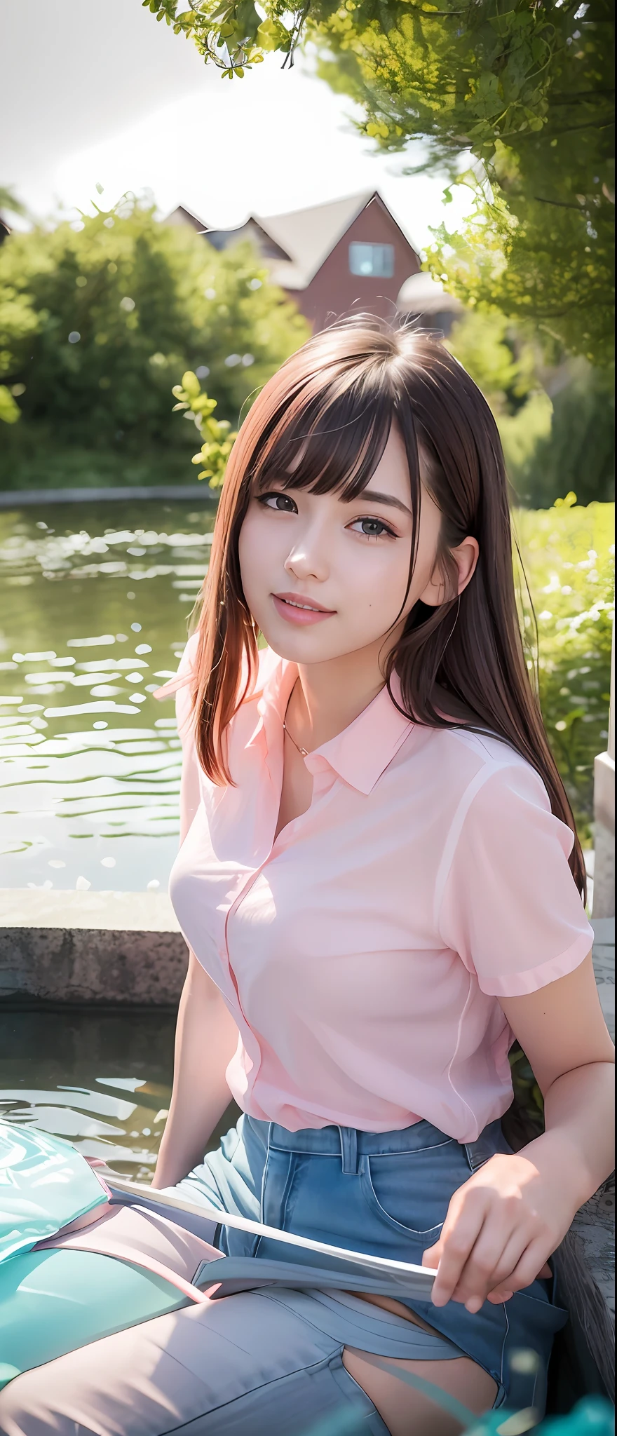 (8k, best quality, masterpiece: 1.2), (realistic, photo-realistic: 1.37), ultra-detailed, 1 girl, beautiful, solo, beautiful detailed sky, sitting, dating, (blush nose), (smile: 1.15), (mouth closed) large breasts, beautiful detailed eyes, (collared shirt: 1.1), (medium hair: 1.3), (NovaFrogStyle floating hair: 1.2), jk, night, pink light, wet, park