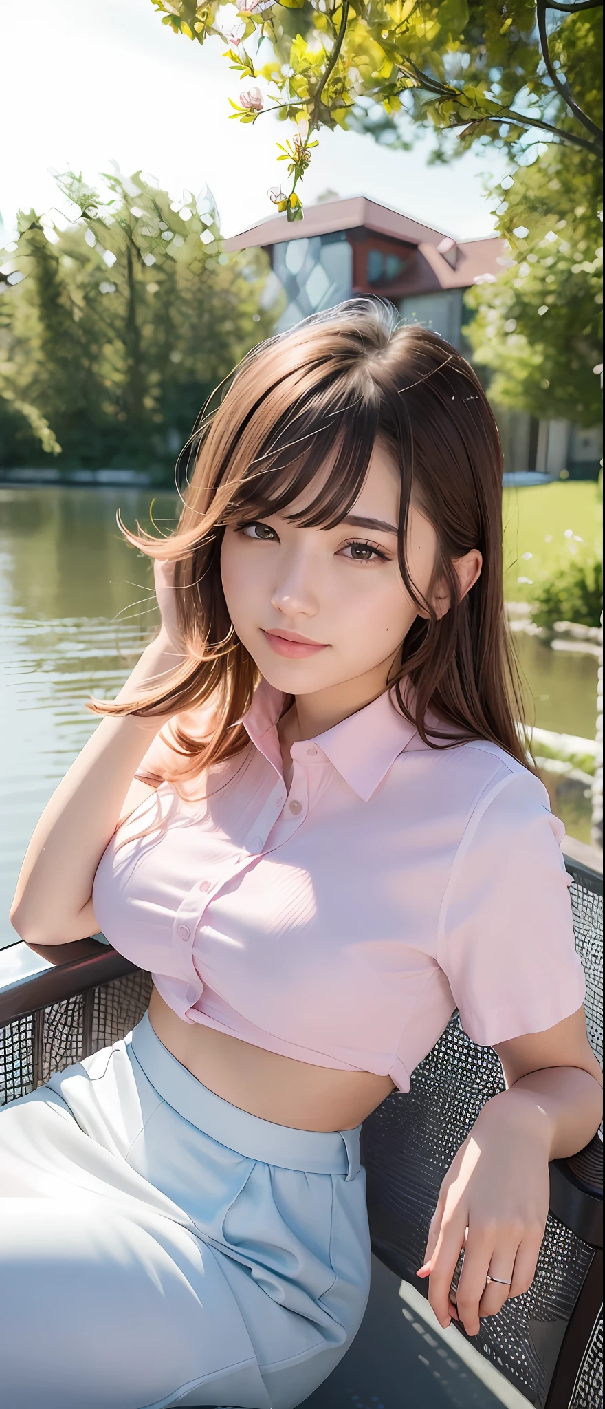 (8k, best quality, masterpiece: 1.2), (realistic, photo-realistic: 1.37), ultra-detailed, 1 girl, beautiful, solo, beautiful detailed sky, sitting, dating, (blush nose), (smile: 1.15), (mouth closed) large breasts, beautiful detailed eyes, (collared shirt: 1.1), (medium hair: 1.3), (NovaFrogStyle floating hair: 1.2), jk, night, pink light, wet, park