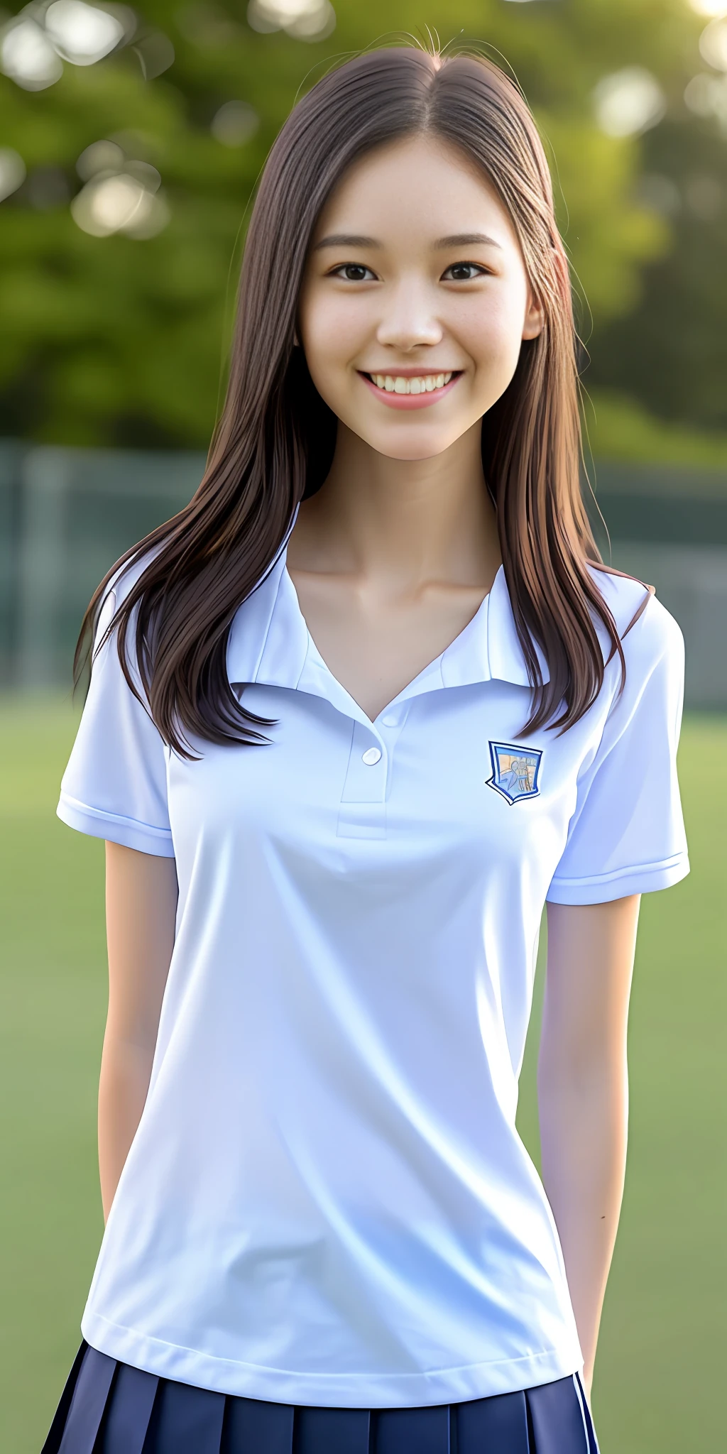 neat college girl, ite, (school uniform, summer clothes, short sleeves), outside the athletic field, (slim), photorealistic, detail, skin texture, ultra detail, delicate sexy collarbone, smile, super detailed face, detailed lips, detailed eyes, breast enhancement, waist thin