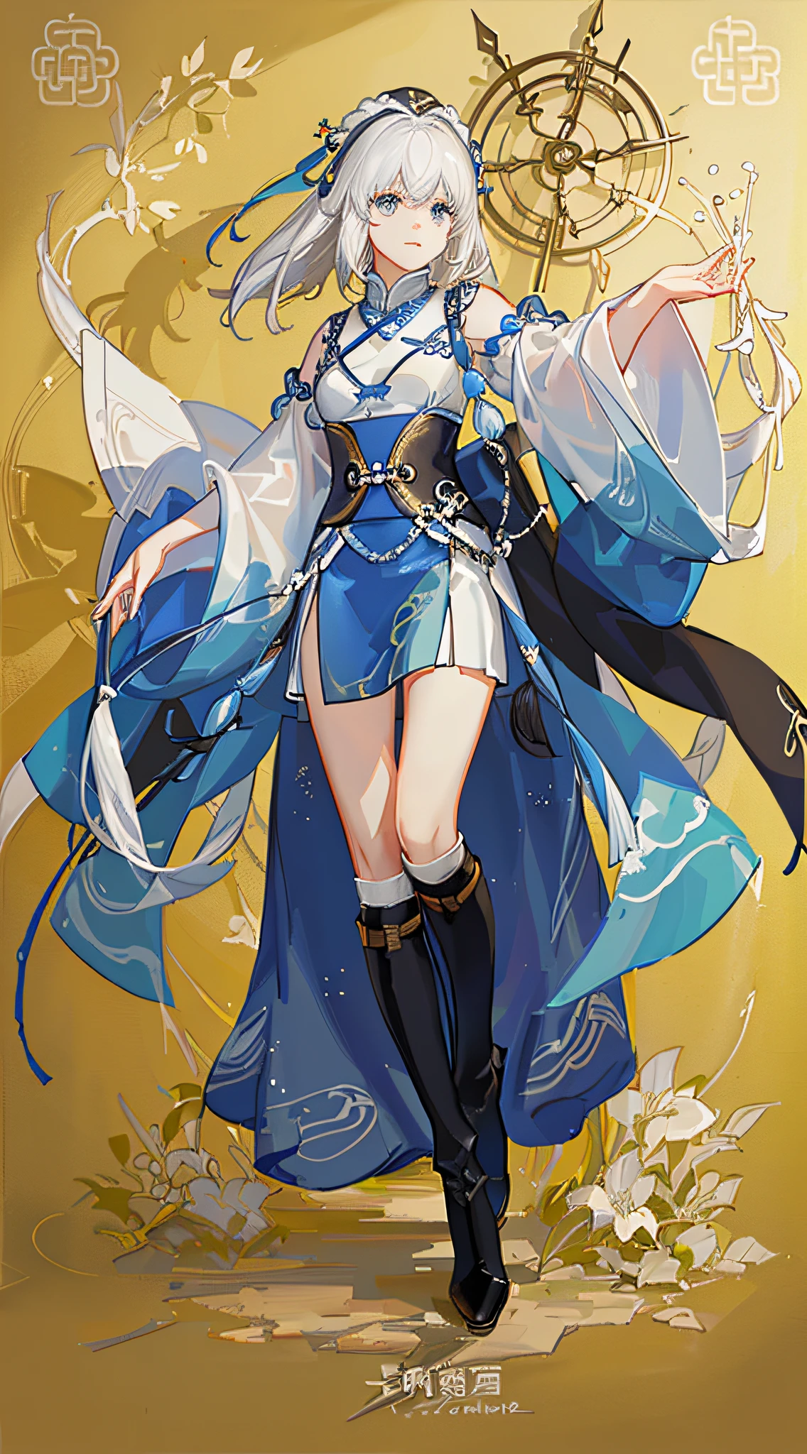 Maiden, Uniform, Long Boots, Full Body, (Facial Details: 1.2), Masterpiece, Fashion, Song Dynasty, Chang'an, Medium Hair, White Hair, Blue Eyes,