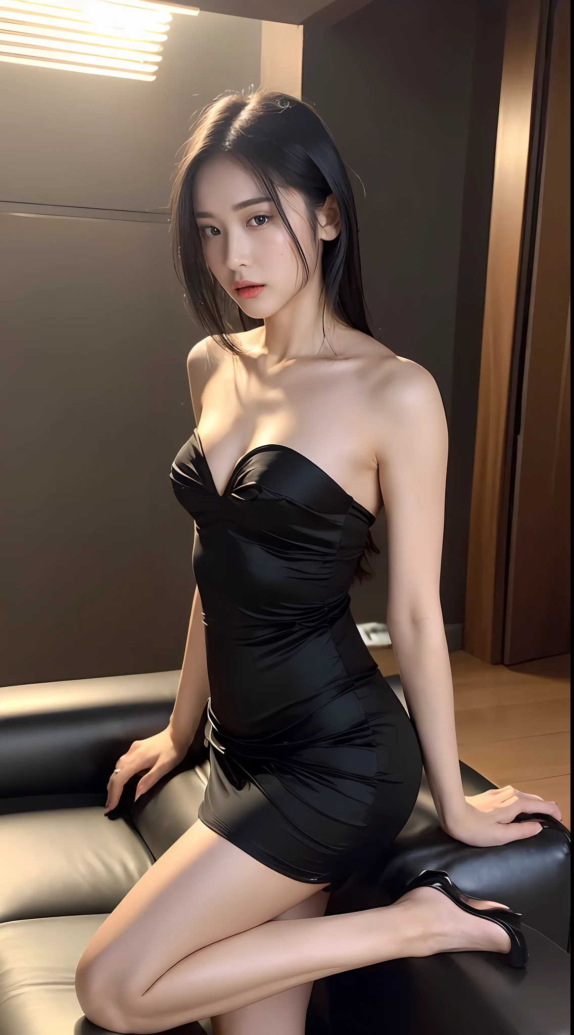 ((Cinematic light, Best quality, 8k, Masterpiece :1.3)), 1girl, Pretty woman with slender abs :1.4, (layer black hair, small breasts :1.3), transparent :1.2, strapless, seductive open lips, Couch, Ultra-detailed face, Detailed eyes, Double eyelid,(aodai),(high_heels)