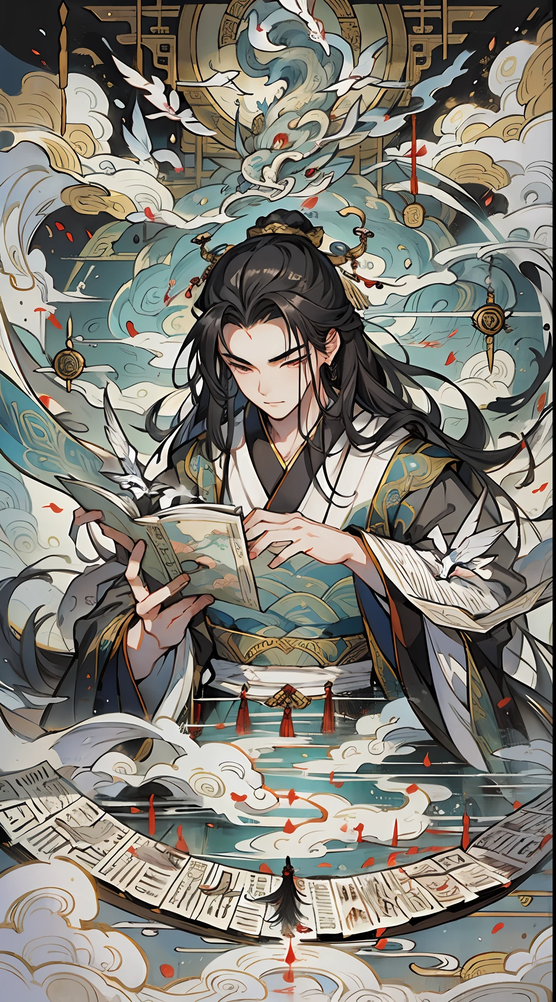 Chinese mythological figures, (male), black flowing long hair, sharp eyes, exquisite portraits of people, wearing black and white robes, flowing sleeves, decorated with nine heavenly maps, ancient picture scrolls, wise expressions, sitting in the clouds and mist to stroke the piano, flowing ink style, sacred, holy light, mysterious, quaint, traditional Chinese style painting effects, fairy qi, god-level special effects, god-level perspective, god-level scenes, god-level quality