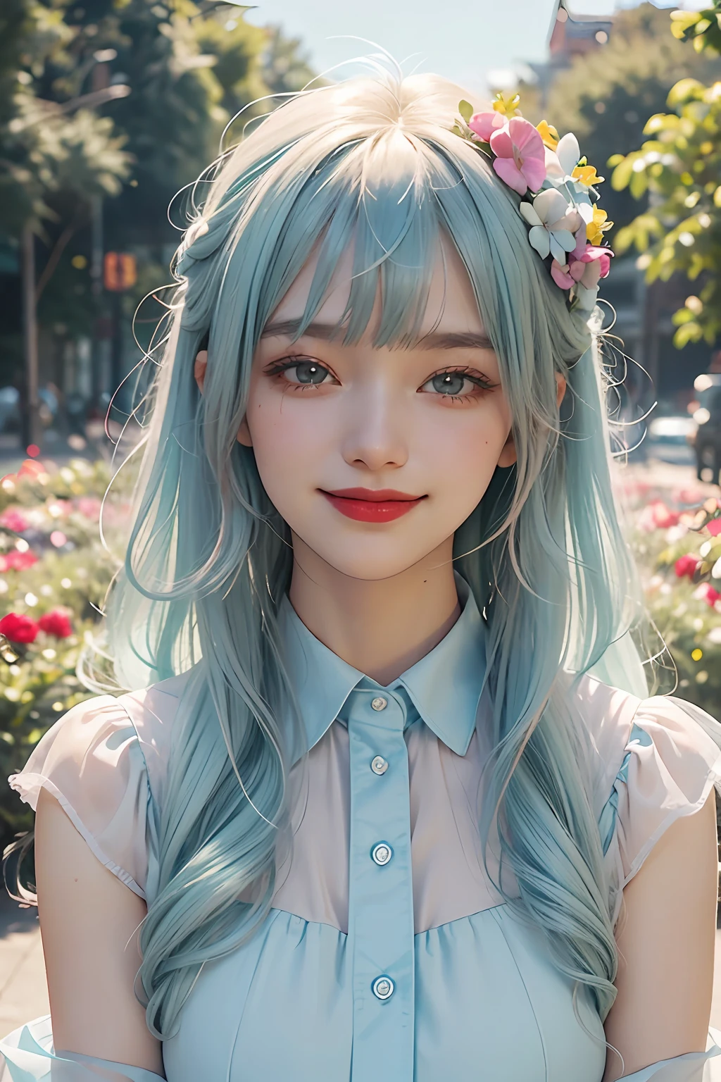 (Fluorescent color: 1.4), (Translucent: 1.4), (Vintage filter: 1.4), (Fantasy: 1.4), Candy World Disneyland Ethereal Soft Fluffy Soft Landscape Forest Snowflake Pale Pink Sky Green Blue Hair, ((Coiled Hair)), Light Blue, Sparkling Ethereal Light Soft Whimsical Light Diamond Sparkle Gemstone Background Ultra Realistic Ultra-high quality cinematic lighting Huge details Full HD painting Well lit, diagonal bangs,
Collared dress, sides
Masterpiece, Best Quality, Real Skin, (Portrait: 1.5), 1 Girl, Blunt Bangs, Long Hair, Sea of Flowers, Smell Flowers, Wear Flowers on Head, ((Smiling)), (Red Lipstick)