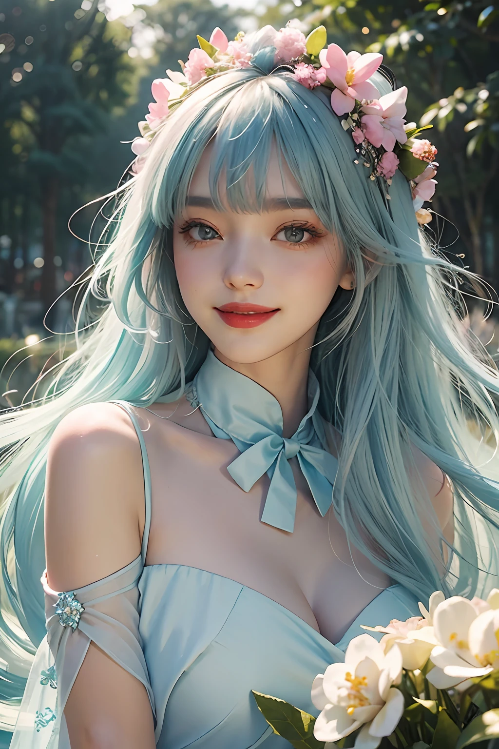 (Fluorescent color: 1.4), (Translucent: 1.4), (Vintage filter: 1.4), (Fantasy: 1.4), Candy World Disneyland Ethereal Soft Fluffy Soft Landscape Forest Snowflake Pale Pink Sky Green Blue Hair, ((Coiled Hair)), Light Blue, Sparkling Ethereal Light Soft Whimsical Light Diamond Sparkle Gemstone Background Ultra Realistic Ultra-high quality cinematic lighting Huge details Full HD painting Well lit, diagonal bangs,
Collared dress, sides
Masterpiece, Best Quality, Real Skin, (Portrait: 1.5), 1 Girl, Blunt Bangs, Long Hair, Sea of Flowers, Smell Flowers, Wear Flowers on Head, ((Smiling)), (Red Lipstick)