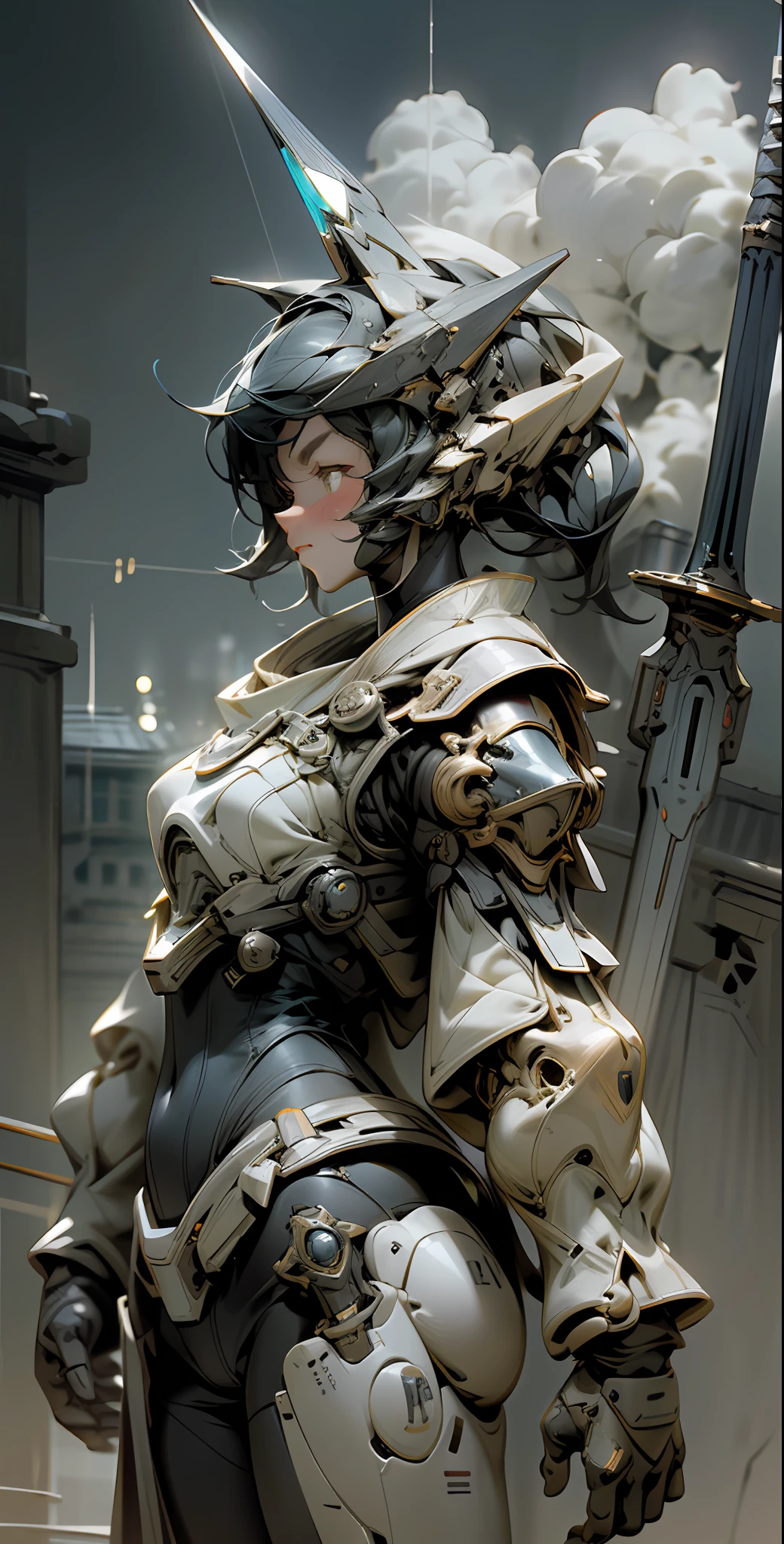((Best quality)), ((masterpiece)), (highly detailed:1.3),3D,night sky, moon, cloud, holding_weapon, no humans, glowing, robot, building, glowing_eyes, mecha, science_fiction, city, realistic,mecha,(High detail)), flaming armor, sword,HDR (High Dynamic Range),Ray Tracing,NVIDIA RTX,Super-Resolution,Unreal 5,Subsurface scattering,PBR Texturing,Post-processing,Anisotropic Filtering,Depth-of-field,Maximum clarity and sharpness,Multi-layered textures,Surface shading,Accurate simulation of light-material interaction,Perfect proportions,Octane Render,Two-tone lighting,Low ISO,White balance,Rule of thirds,Wide aperature,8K RAW,Efficient Sub-Pixel,sub-pixel convolution,luminescent particles,