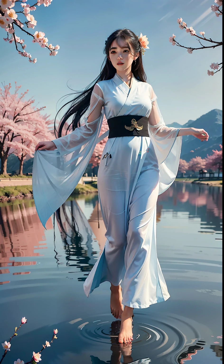 ru qun,hanfu, hexagon, 1 girl, mid shot, full body, (bottle bottom:0.9),.1girl, standding, goldfish, masterpiece, colorful, hyper detail, intricate details, best quality, (extremely detailed CG unity 8k wallpaper, masterpiece, best quality, ultra-detailed, best shadow), (beautiful detailed face, beautiful detailed eyes), High contrast, (best illumination, an extremely delicate and beautiful), (girl:1.5), ((cinematic light)), dramatic light, solo, one side up, dynamic angle, beautiful detailed glow, full body, many peach blossoms, peach tree, fog, Behind is the peach blossom, lotus leaf, many lotus leaves, lotus flower,.seabed, underwater, floating hair, floating clothes, many peach blossoms, peach tree, fog, Behind is the peach blossom,.((reflection)),blue sky, (Depth of field),barefoot,((reflection)),blue sky, Smiling expressions, Black medium length hair,Looking at viewer, one side up, dynamic angle, blue sky, white clouds, seaside,.black hair, medium long hair, sky, dramatic lighting,.floating petal, beautiful detailed water, cloud, beautiful detailed cloud, .