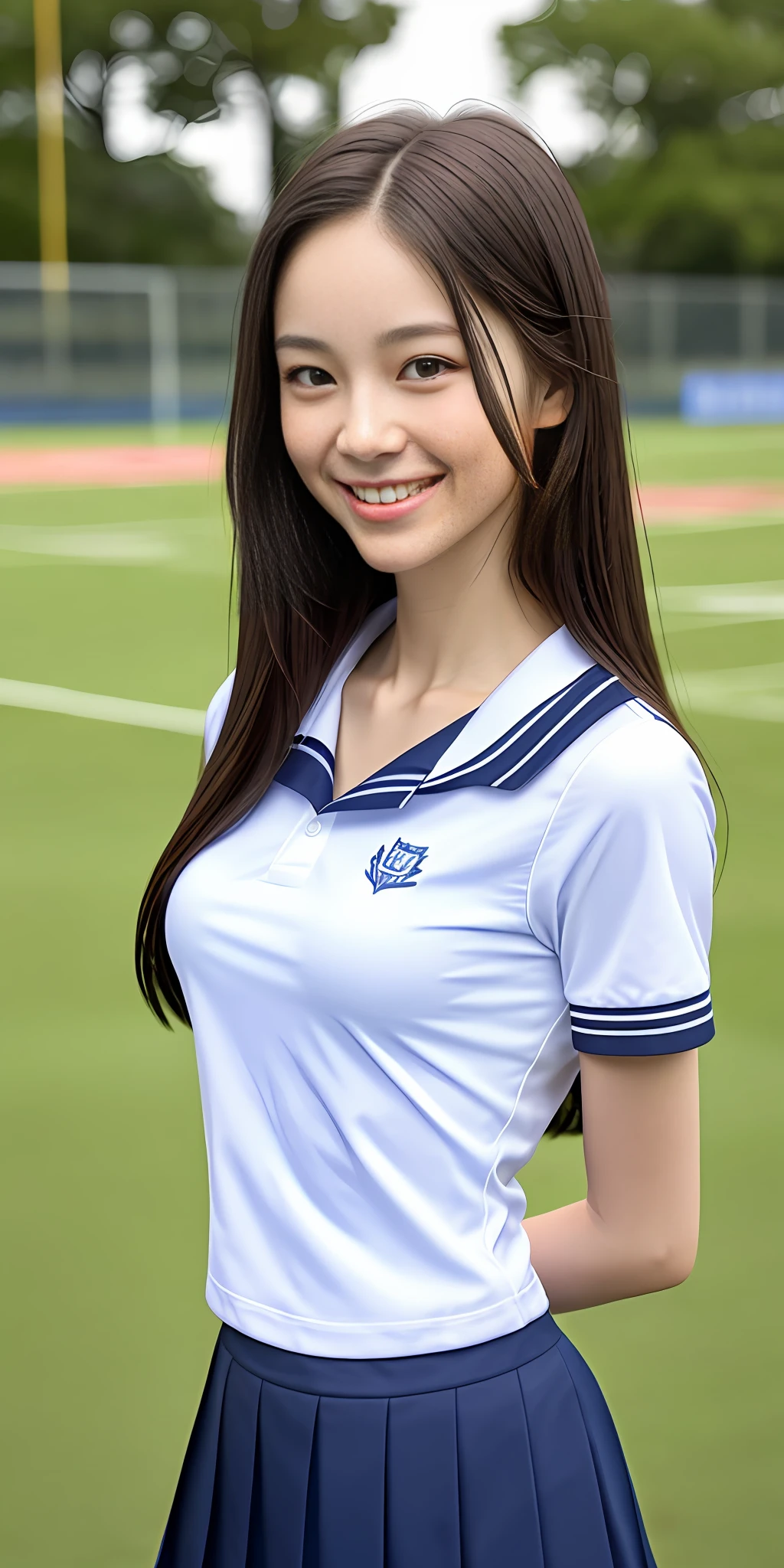 neat college girl, petite person, (school uniform, summer uniform, short sleeve), outside the athletic field, (slim), photorealistic, detail, skin texture, ultra detail, delicate sexy collarbone, smile, super detailed face, detailed lips, detailed eyes, double eyelids, breast enhancement