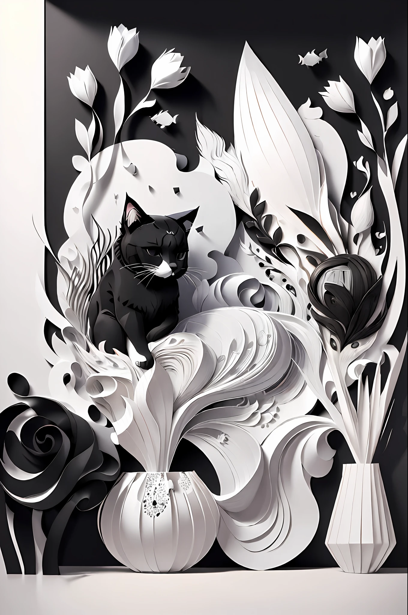 (((masterpiece))),bestquality,illustration,beautifuldetailedglow,
paper_cut, black white cat, gray cat, white black cat, 3 cats, underwear, (fish), gradient gray silver colorful