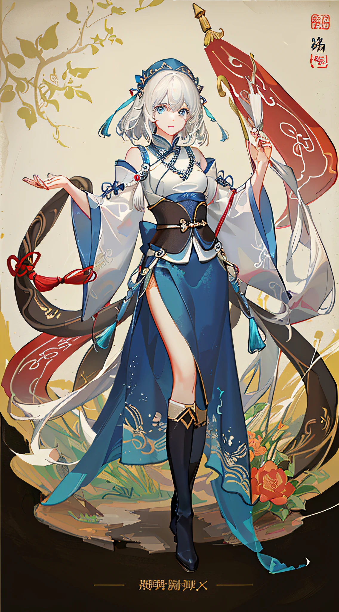 Maiden, Uniform, Long Boots, Full Body, (Facial Details: 1.2), Masterpiece, Fashion, Song Dynasty, Chang'an, Medium Hair, White Hair, Blue Eyes,