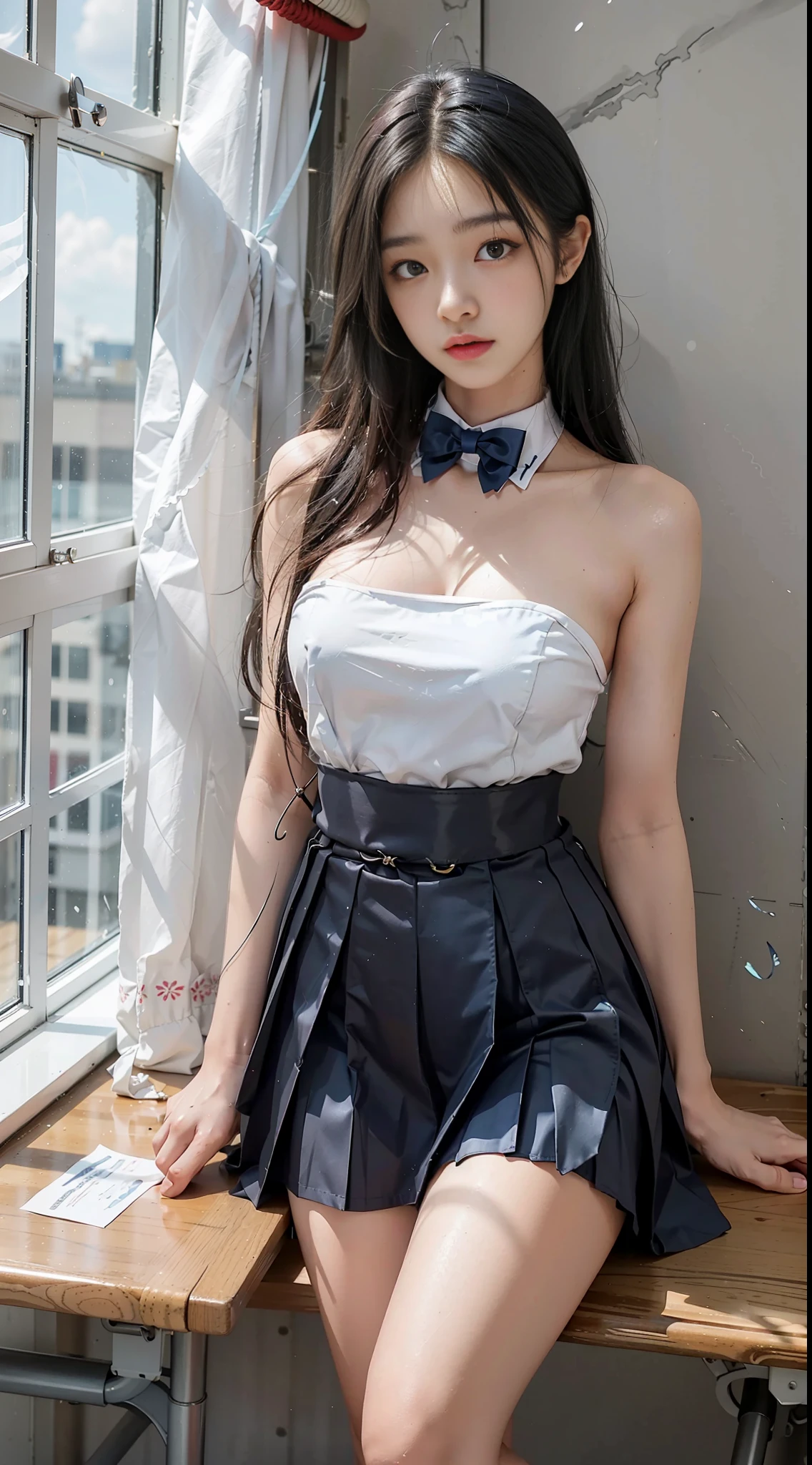 Girl posing for photo in Japanese school uniform, summer, classroom, wet skin, slightly curly shoulder-length hair, cute, upper body, blue and white, streamers, blue short skirt, suspender stockings, slave neck ring, slim body, oversized bust, slim girl model, 18 year old female model,