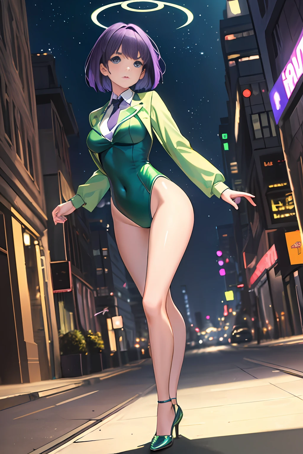 ((masterpiece)), ((best quality)), highres, 1girl, solo, green suit and tie, leotard, bare legs, matching shoes, looking at viewer, city backdrop, perfect hands, perfect eyes, perfect leotard, perfect legs, perfect arms, perfect fingers, medium breasts, standing, purple hair, short hair, bob hair, blue eyes, standing, (full body), super spin, twirl, magic, light particles, power, swirls,
