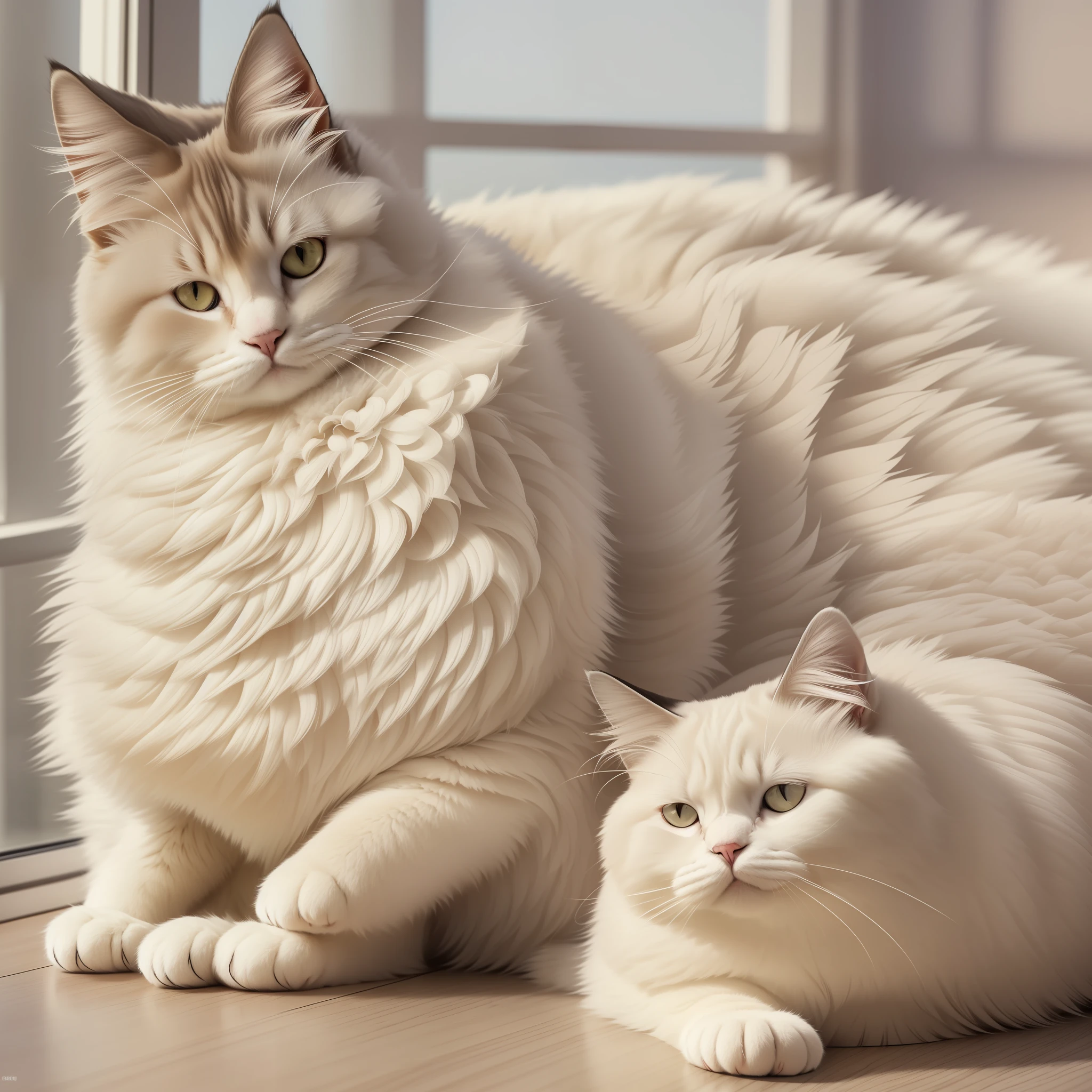 best quality, high resolution, ultra-realistic, detailed, stunning, beautiful, dynamic angle, dynamic pose, fluffy and chubby Cat, silver coat, lounging, relaxed and lazy facial expression, sideburns, milk bottle, soft lighting, colorful background, playful atmosphere, by the window