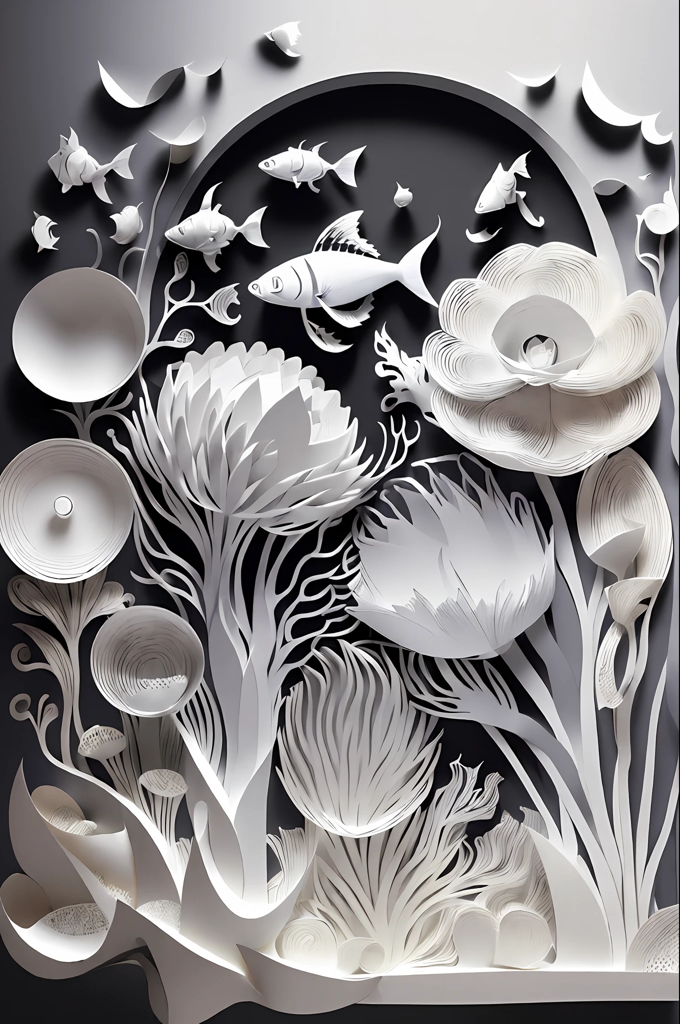 (((masterpiece))),bestquality,illustration,beautifuldetailedglow,
paper_cut, black white cat, gray cat, white black cat, 3 cats, underwear, (fish), gradient gray silver colorful