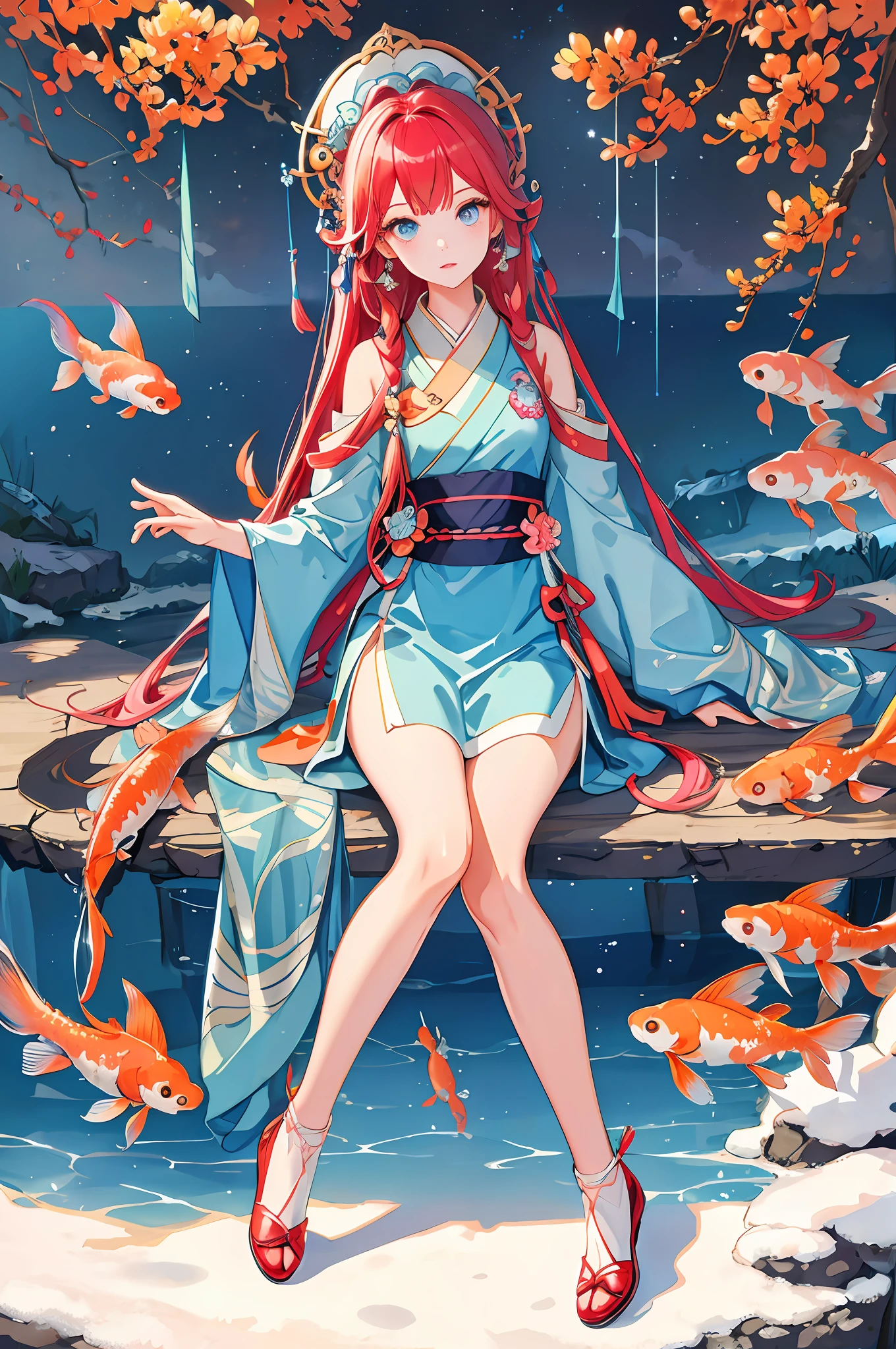 masterpiece, professional lighting, photon mapping, radio, physical rendering, 1girl, absurd, high resolution, horizon, beautiful detailed sky, covered, (???? 1 girl in fashionable clothes, whole body), beautiful eyes, long shiny colored hair, hair beautifully developing in different directions, big eyes, gaze directed upwards with curiosity, curious look, koi carps swim above the girl's head, koi carps swim in space,  bubbles, arm scale coordination, leg scale coordination