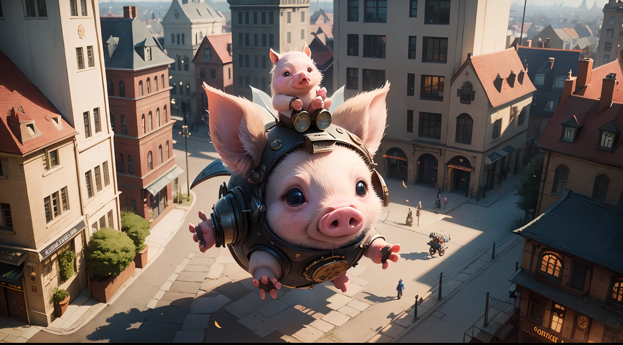 /imagine prompt: illustration of A little pig flew up ,The happy and beautiful little girl on the ground clapped her hands::8, Flying Piglet::15, Piggy wears Steampunk clothes and bursts into flames::15, A beautiful little girl with long pig ears::8, In the city center garden::8, Center the composition::5, Top view::6, Unreal Engine::10, beautiful lighting::10, Cinematic light::11, Volumetric light::6, Fantasy::6, Pop art::5, hyper quality::6, Futuristic Robots::2, Steampunk::10 --seed 252441588 --s 400 --q 2 --c 30