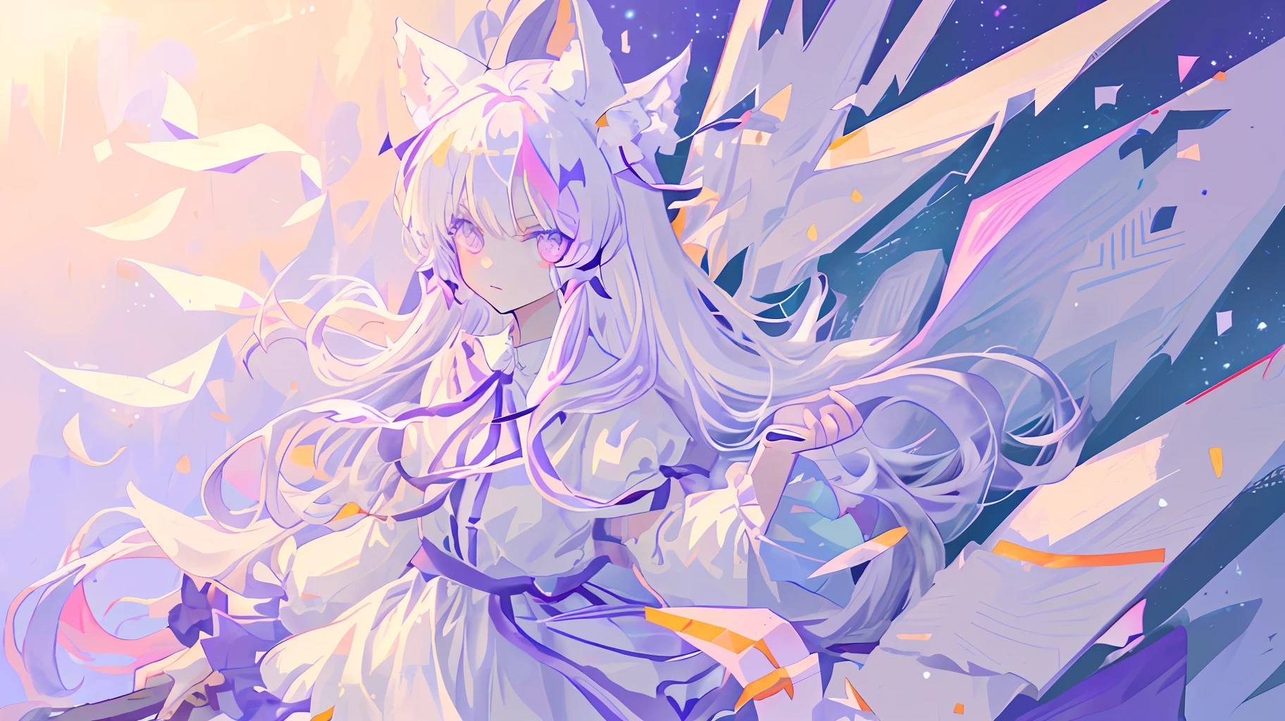 high quality, (simple background), kemonomimi, fox ears, loli, white dress, white hair, long hair, purple ribbon, pastel gradient colored eyes, (1girl)