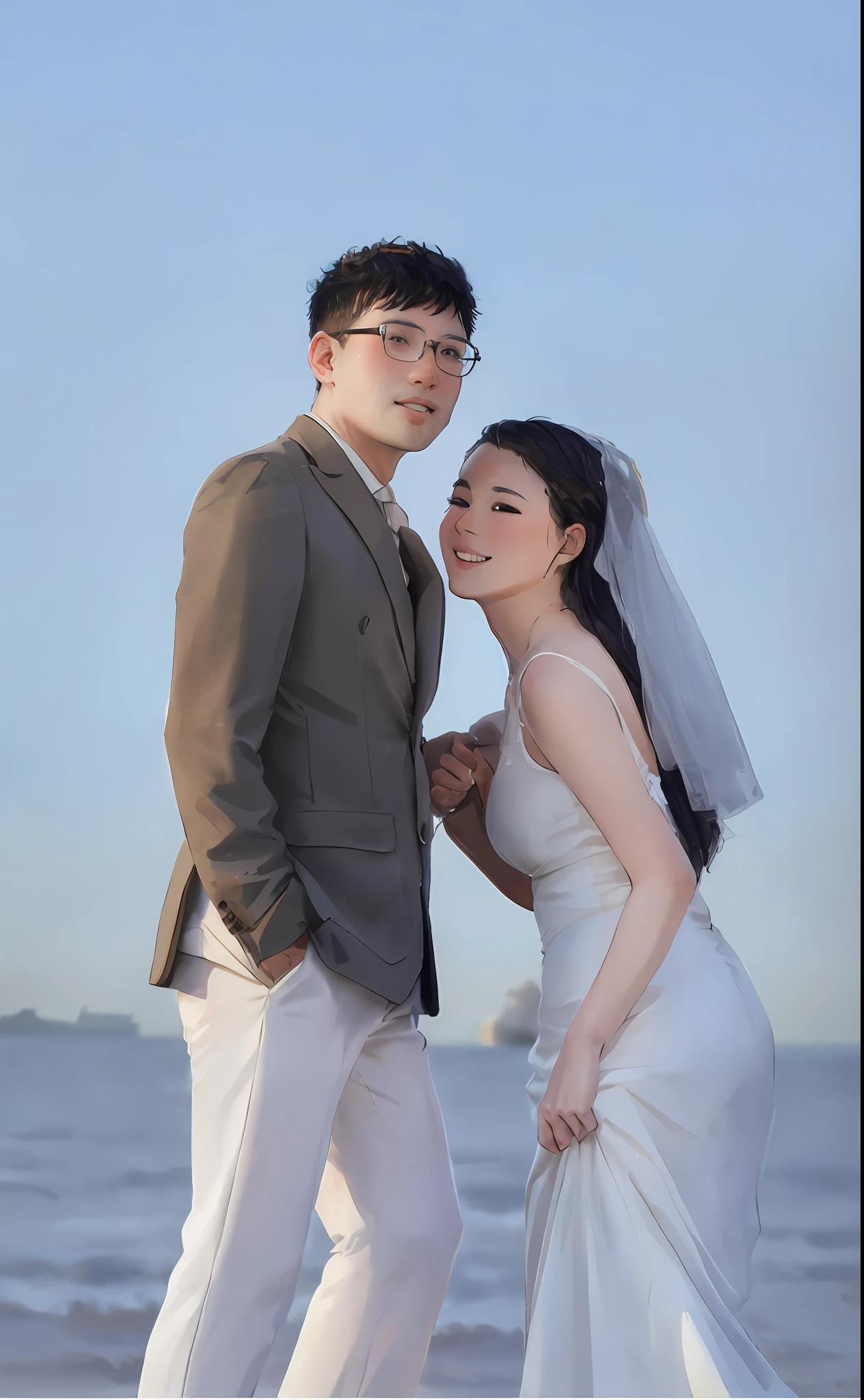 Bride and groom standing on the beach with ocean in the background, wedding