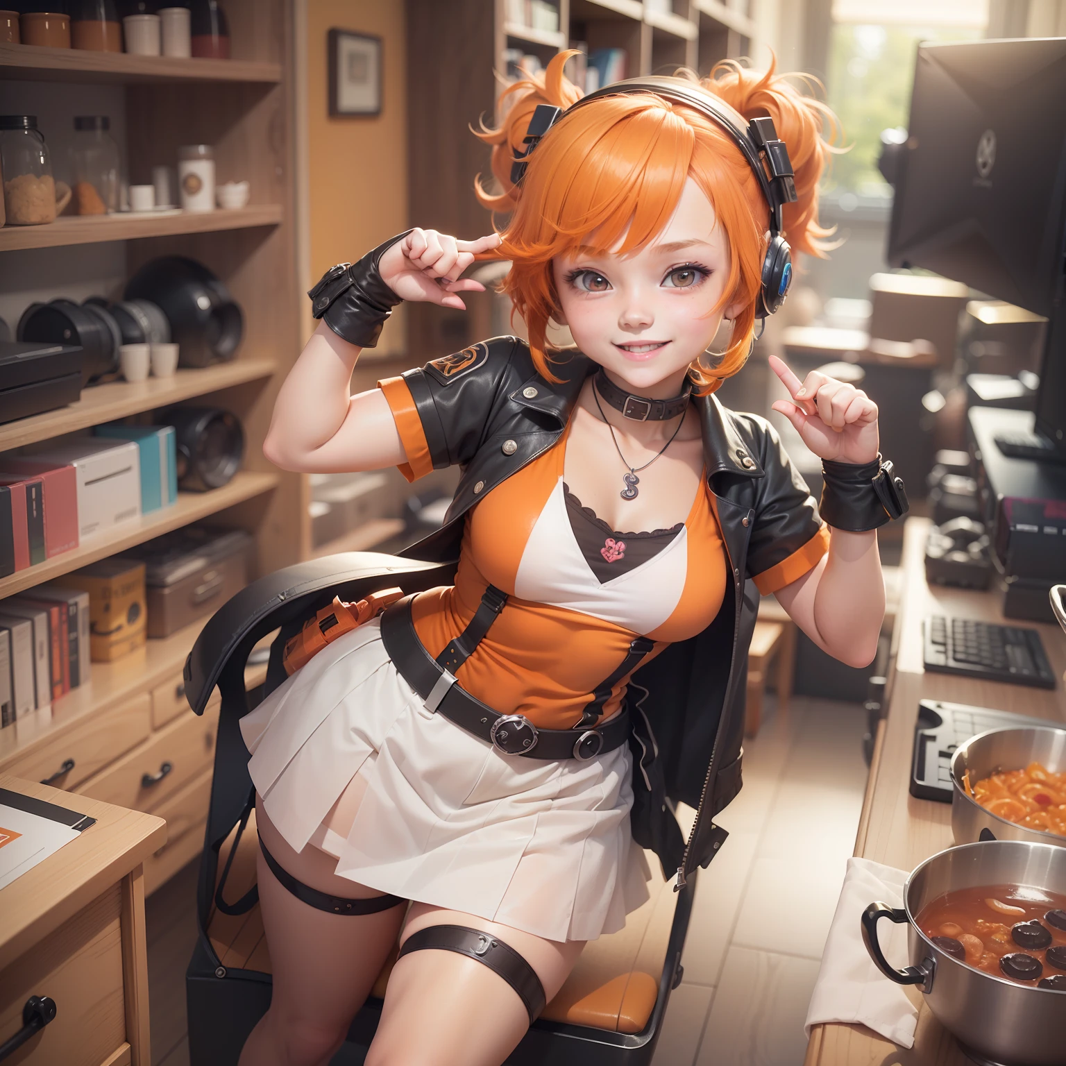 An image of the adorable Loritta with orange hair, girl about 13 years old, cute, a fun and friendly girl who brings joy to discord communities, tan skin, ink, always has a smile on her face, an image of Loritta as a character do discord created by MrPowerGamerBR, 3D rendering, anime style, 9:16 format.
