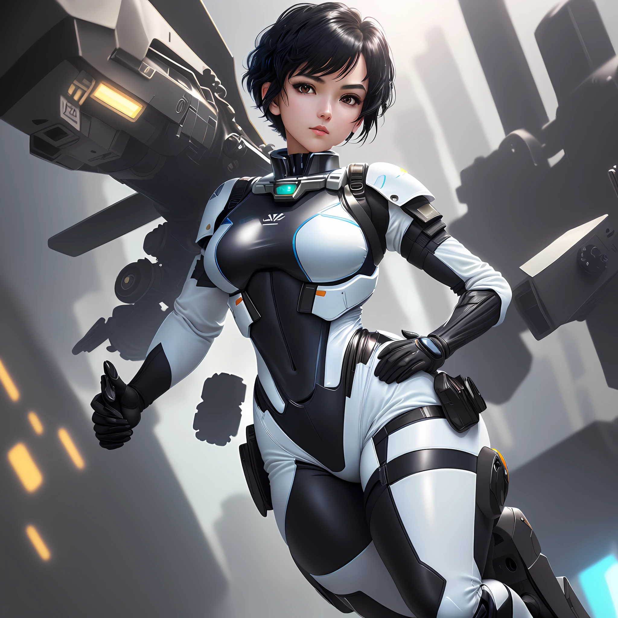 Elaborate CG Unity 8K wallpaper, masterpiece, highest quality, highest resolution, distinct_image): (Dynamic Angle, Solo, Short Black Hair Girl, Full Figure, Small Breasts, Sparkly Black Eyes, White and Blue Color Flight Suit, Tight Fit Clothes, Full Body Covering Clothes, Beauty, Slim Body, Exoskeleton, Gundam, Metal Gear, Gundam Pilot, Gentle Expression)