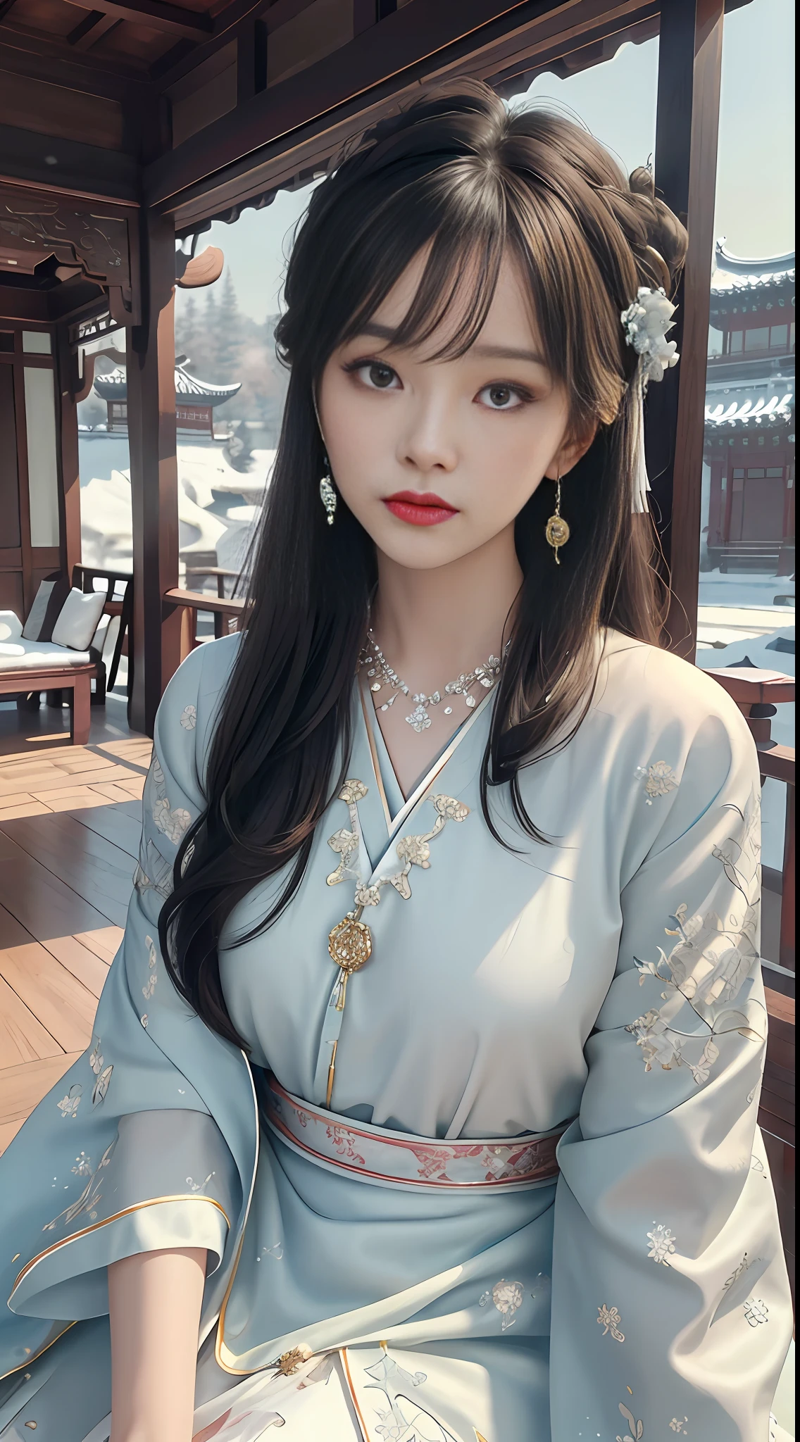 (masterpiece), (best quality), (masterpiece), (highres), original, (extremely detailed 8K wallpaper), overexposed, 1girl, (mature female), close-up, medium chest, extremely delicate beauty, (Beautiful and detailed eye description), ((delicate face)), (winter snow), (chinoiserie architecture), hair accessories, necklaces, chinoiserie clothes, Chinese Hanfu, white and blue robe, earrings, long hair, crossed bangs, (upper body), sitting