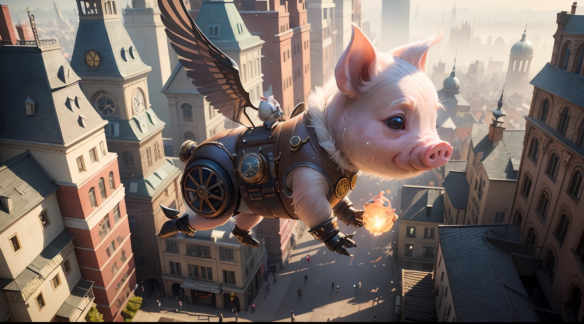/imagine prompt: illustration of A little pig flew up ,The happy and beautiful girl on the ground clapped her hands::8, Flying Piglet::15, Piggy wears Steampunk clothes and bursts into flames::15, A beautiful littlewith long pig ears::8, In the city center garden::8, Center the composition::5, Top view::6, Unreal Engine::10, beautiful lighting::10, Cinematic light::11, Volumetric light::6, Fantasy::6, Pop art::5, hyper quality::6, Futuristic Robots::2, Steampunk::10 --seed 252441588 --s 400 --q 2 --c 30