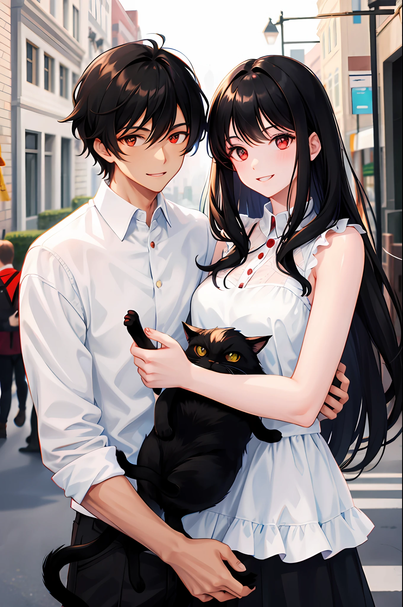 Girl holding black cat and boy holding white cat, two smiling face to face, handsome, beautiful, brunette hair, comma hair, comma hair on forehead, street style, shiny, red eyes, upper body