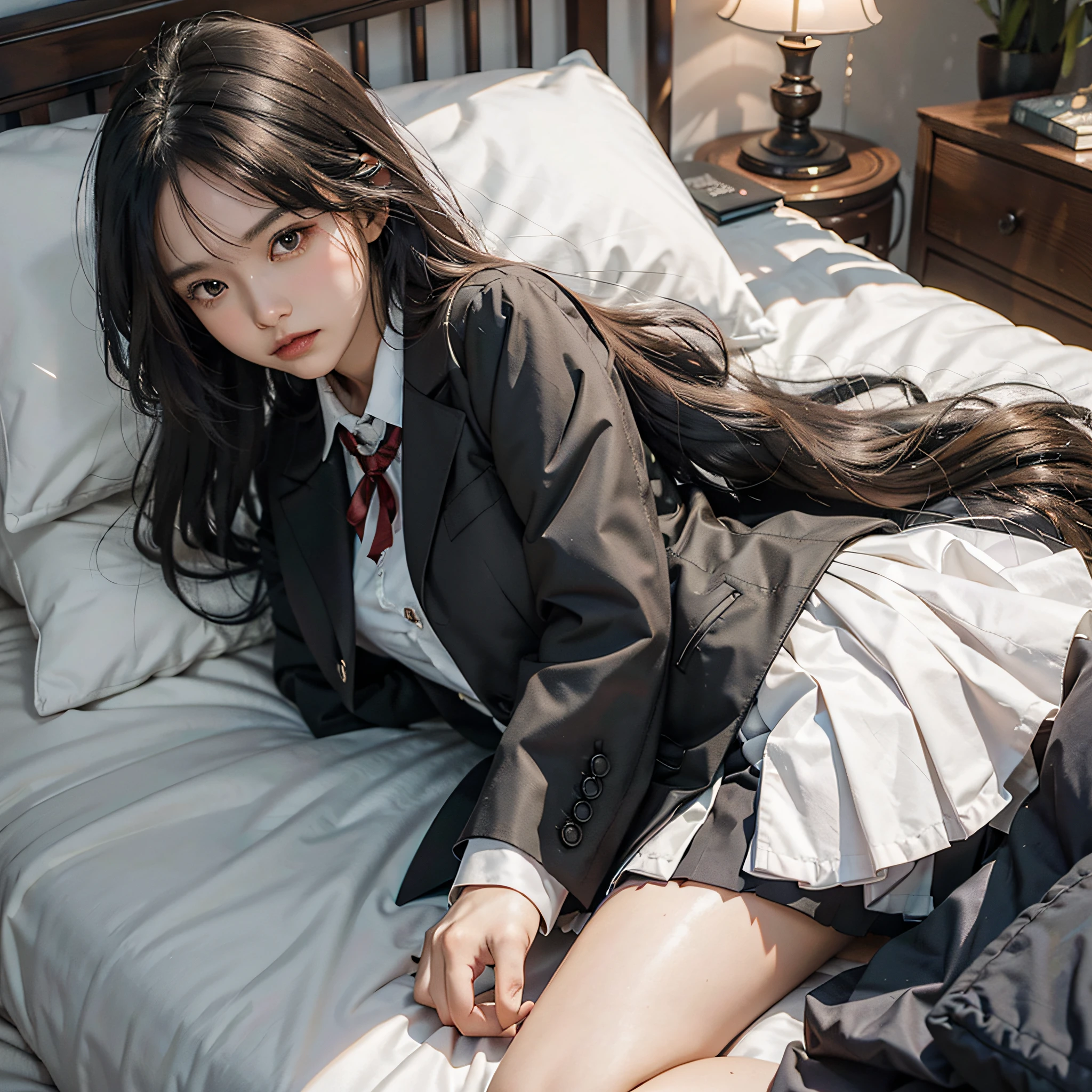 1girl, bag, bed, bed_sheet, bedroom, black_hair, black_legwear, black_skirt, blazer, cushion, futon, head_on_pillow, jacket, long_hair, looking_at_viewer, lying, on_back, on_bed, pillow, pleated_skirt, school_uniform, skirt, solo, thighhighs,(dark:1.5),(full body:1.5)