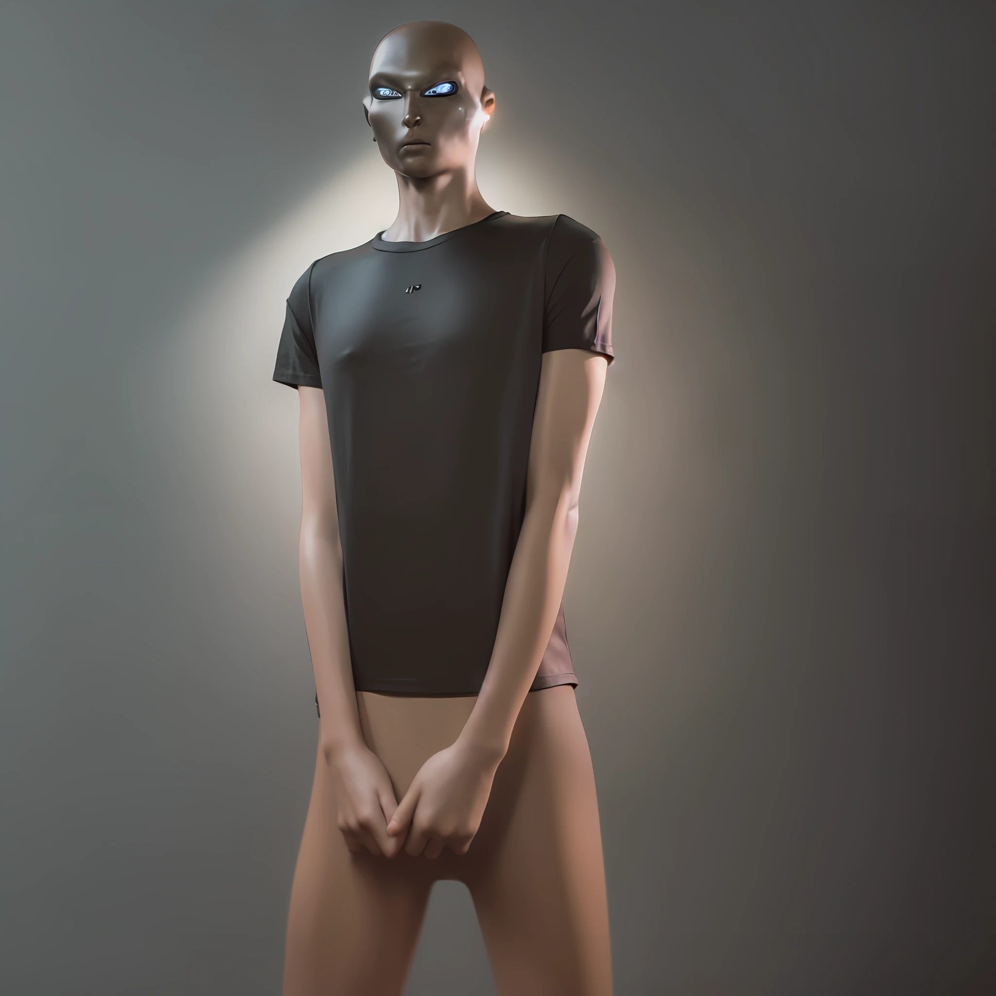 1 male alien with chrome body (((wearing basic black T-shirt))) standing front in a black background photo studio, a t-shirt model (8k, RAW photo, best quality, masterpiece:1.2), (realistic, photo-realistic) professional lighting, photon mapping, radiosity, physically-based rendering, retro futuristic model, black tshirt, tshirt model,