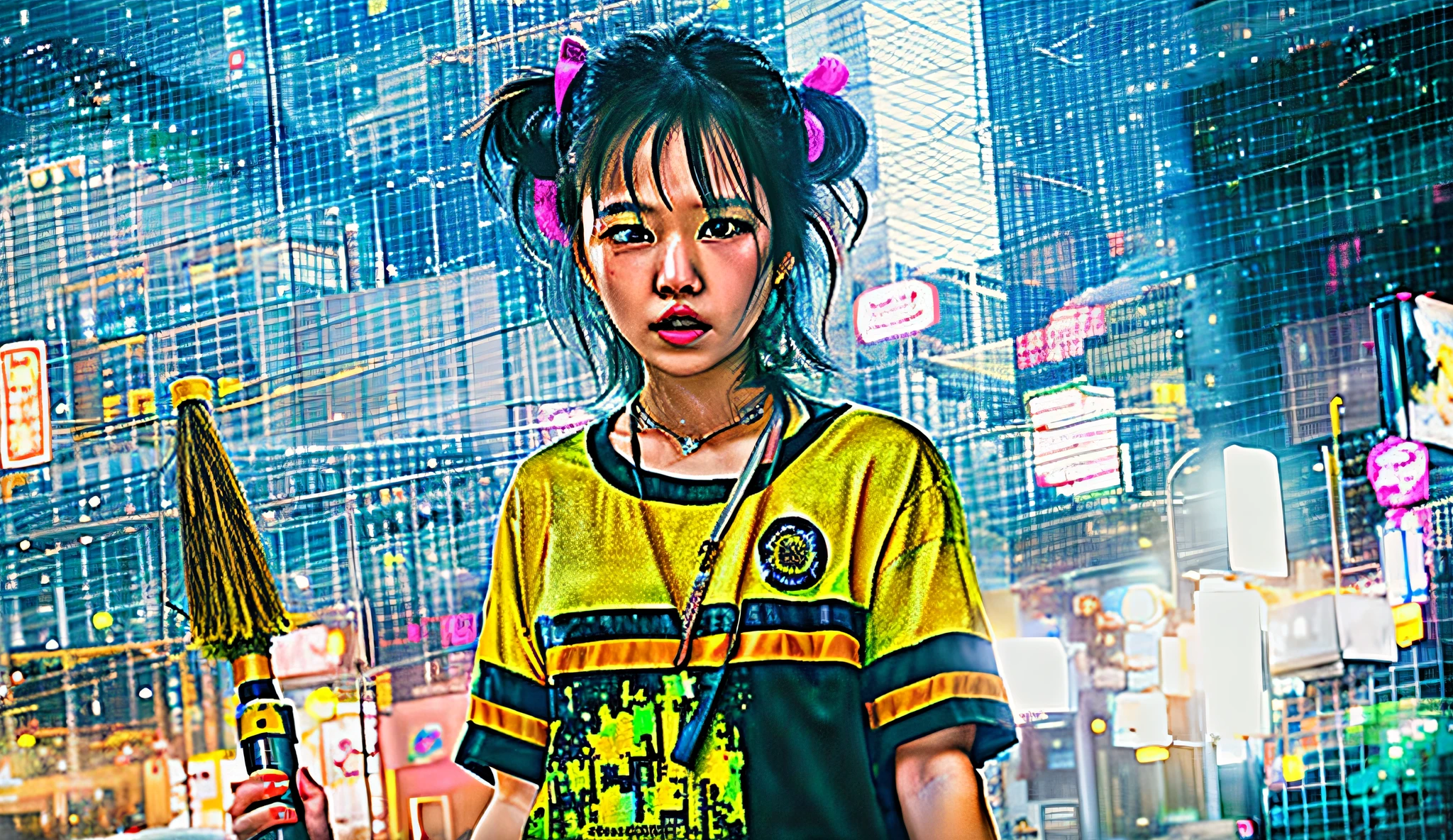 a woman in a yellow shirt holding a broom and a broom, inspired by Liam Wong, cyberpunk streetwear, wearing cyberpunk streetwear, inspired by Hikari Shimoda, style of akira motion movie, japanese streetwear, akira movie style, cyberpunk fashion clothing, hyper-realistic cyberpunk style, by Liam Wong, style hybrid mix of beeple, style of cyberpunk