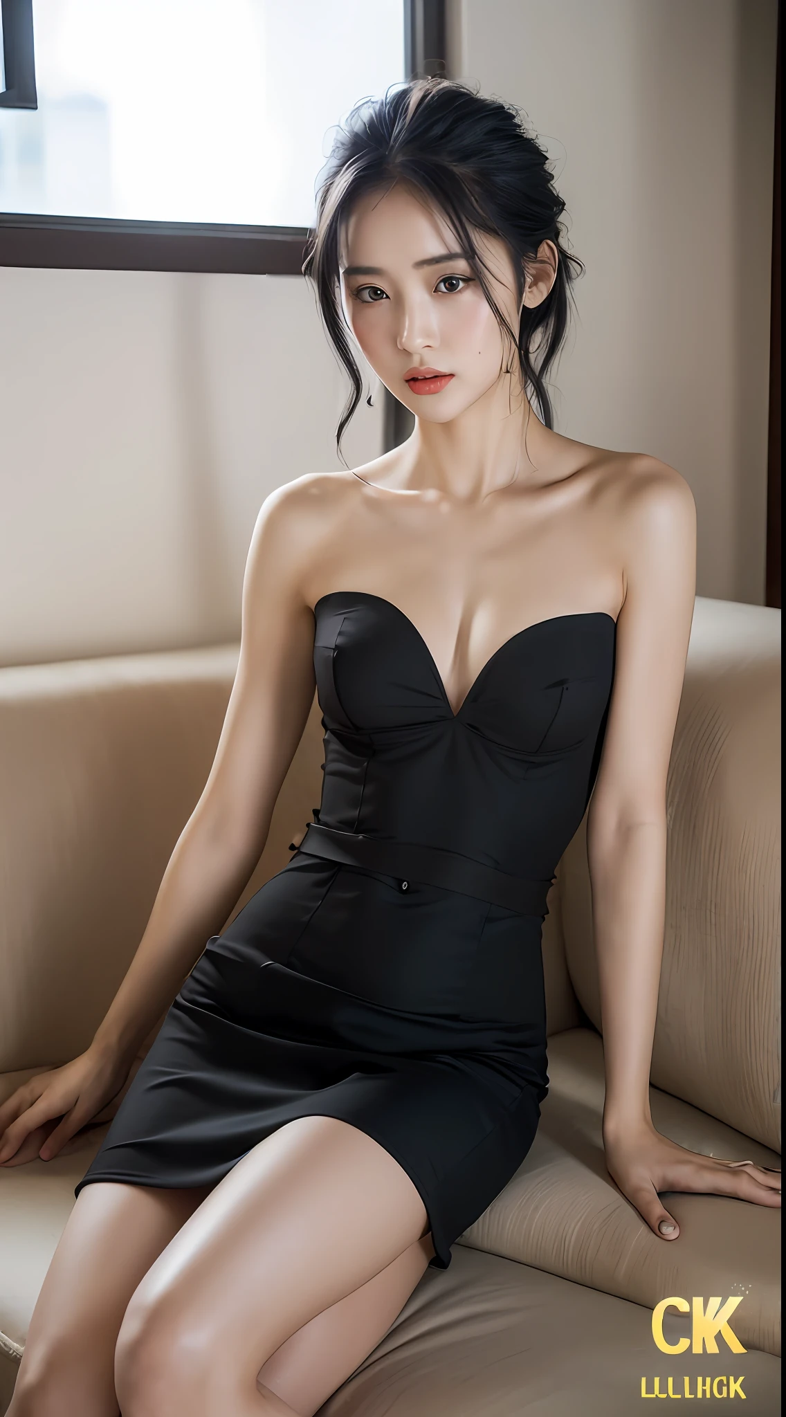 ((Cinematic light, Best quality, 8k, Masterpiece :1.3)), 1girl, Pretty woman with slender abs :1.4, (layer black hair, small breasts :1.3), transparent :1.2, strapless, seductive open lips, Couch, Ultra-detailed face, Detailed eyes, Double eyelid,(aodai),(high_heels)