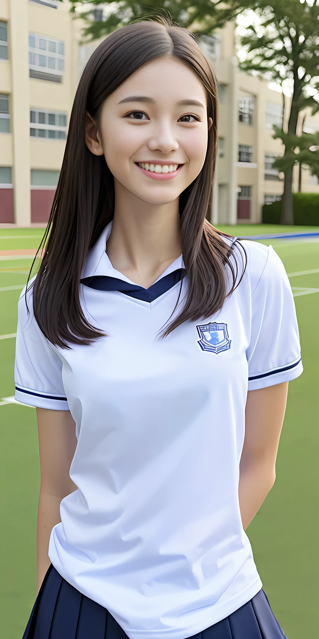 neat college girl, petite, (school uniform, summer clothes, short sleeves), outside the athletic field, (slim), photorealistic, detail, skin texture, ultra detail, delicate sexy collarbone, smile, super detailed face, detailed lips, detailed eyes, breast enhancement, waist thin