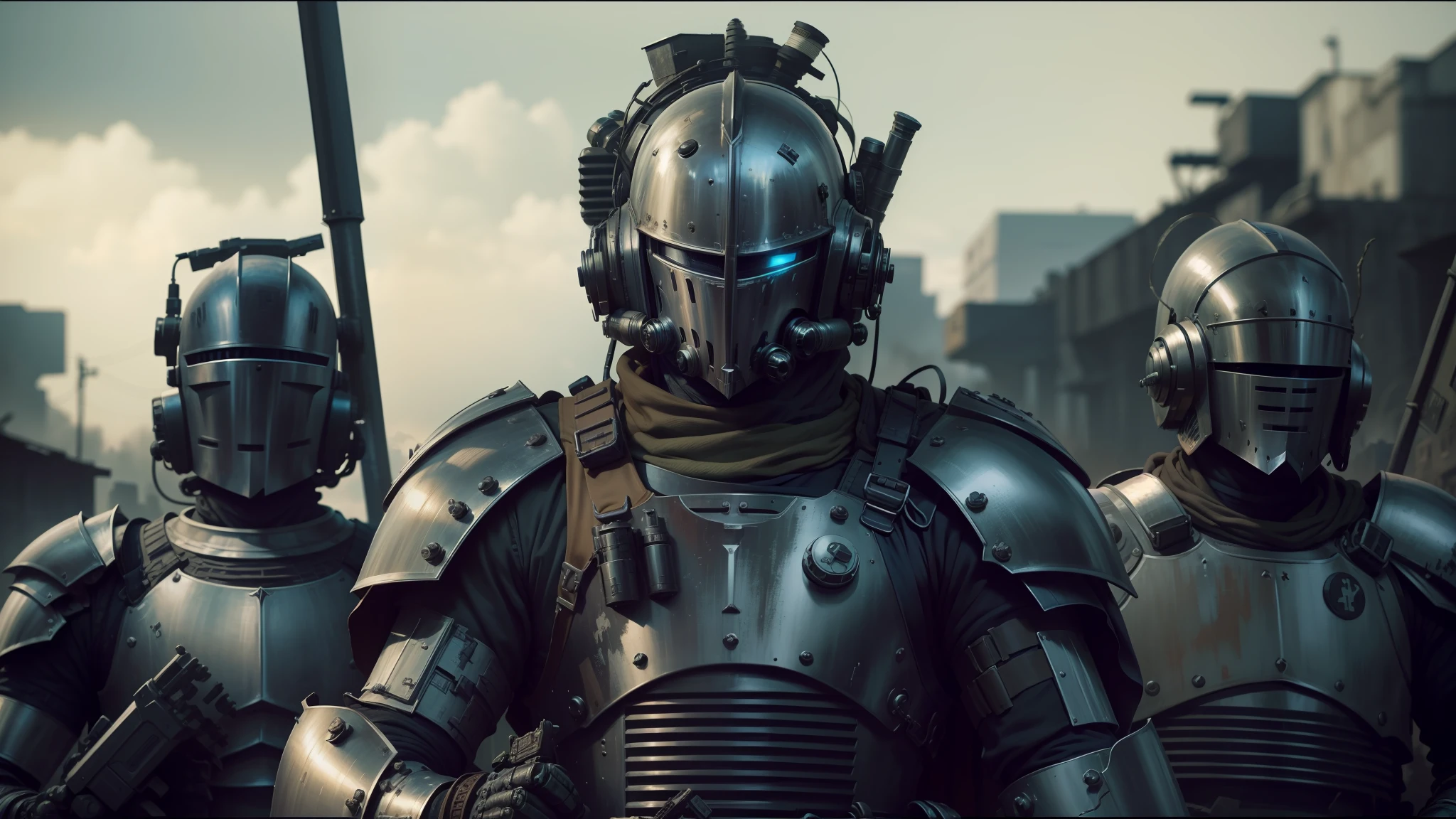 there are three men in armor standing next to each other, from a 2 0 1 9 sci fi 8 k movie, gangsta robot, by Tadeusz Dominik, postapocalyptic grunge, grimes, fighting fantasy army, ron perlman, youtube thumbnail, (((knight))), k9, john carmack, necromunda, grungy dystopia