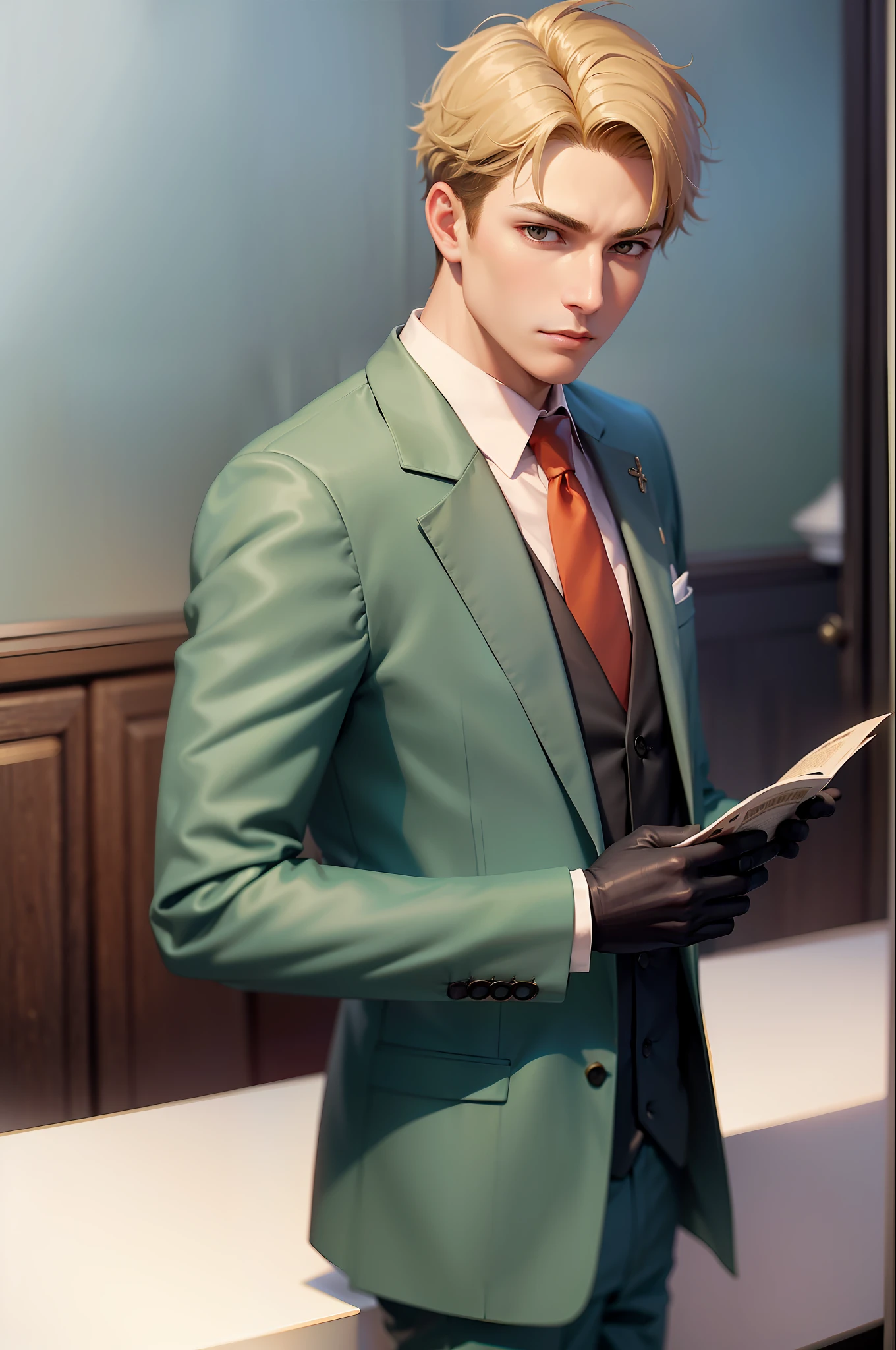 (masterpiece, best quality:1.2), high-quality shot, solo, male focus, 1boy, twilight\(Spy X Family\), expressionless, closed mouth, looking at the viewer, sitting, holding a newspaper, short blonde hair, formal, green suit, red tie, green pants, black gloves