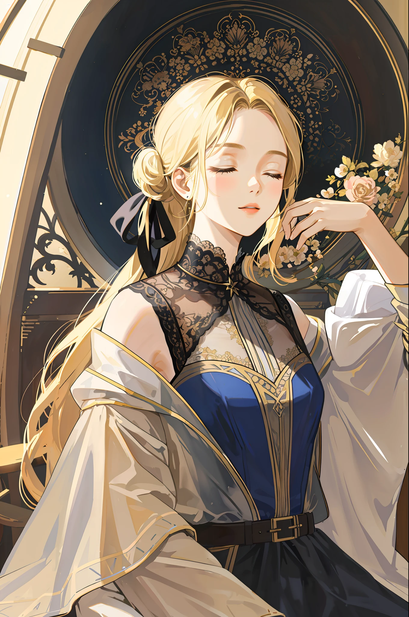 Black-haired girl with closed eyes, sleeping, high quality, highly detailed dream with blonde woman, masterpiece