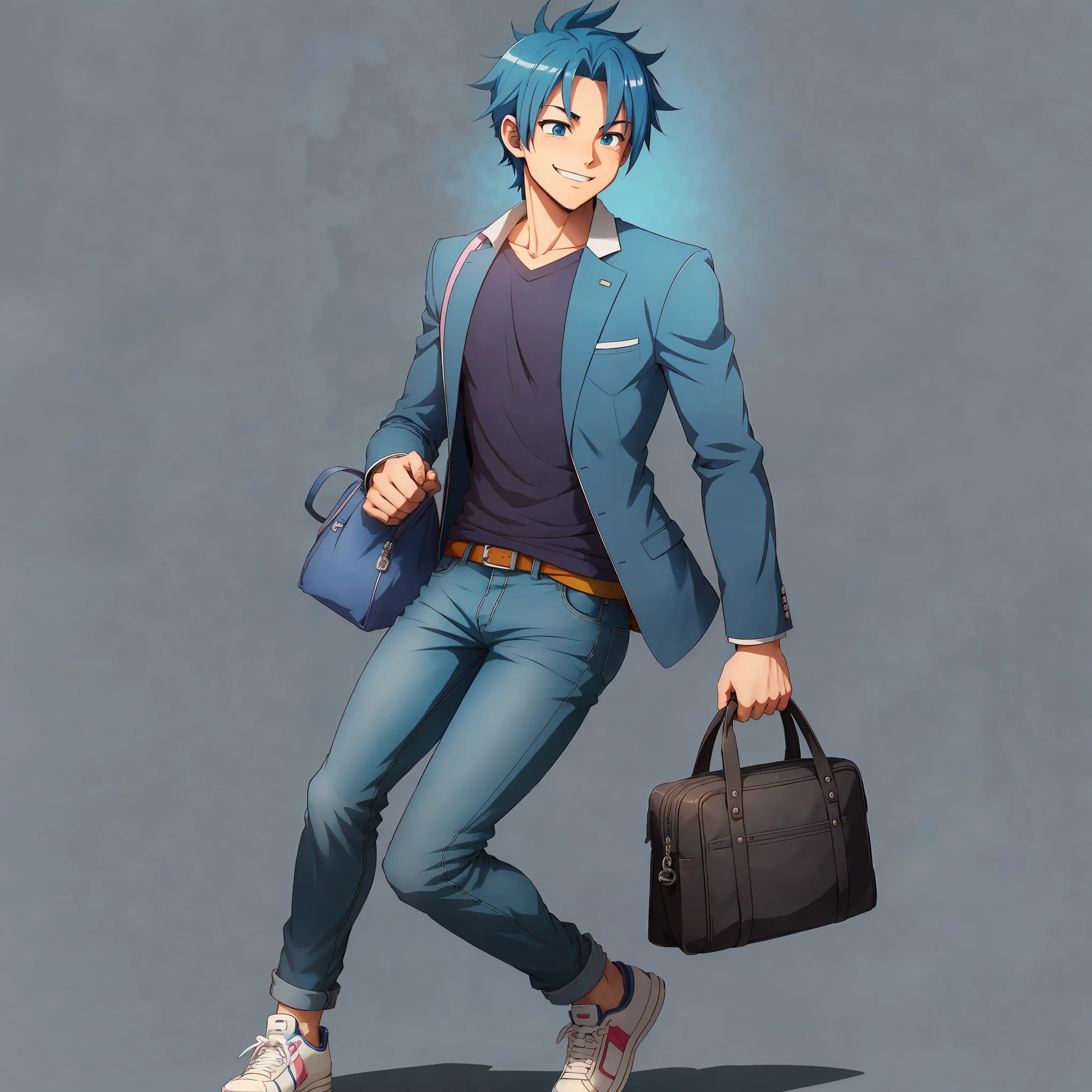 Animation of the young character smiling with anime style, blue hair, is wearing a blue shirt and blazer for a professional look. He wears jeans and a pair of sneakers, is holding a bag in one hand. Welcoming complete with a background in 4K 4D. --auto --s2