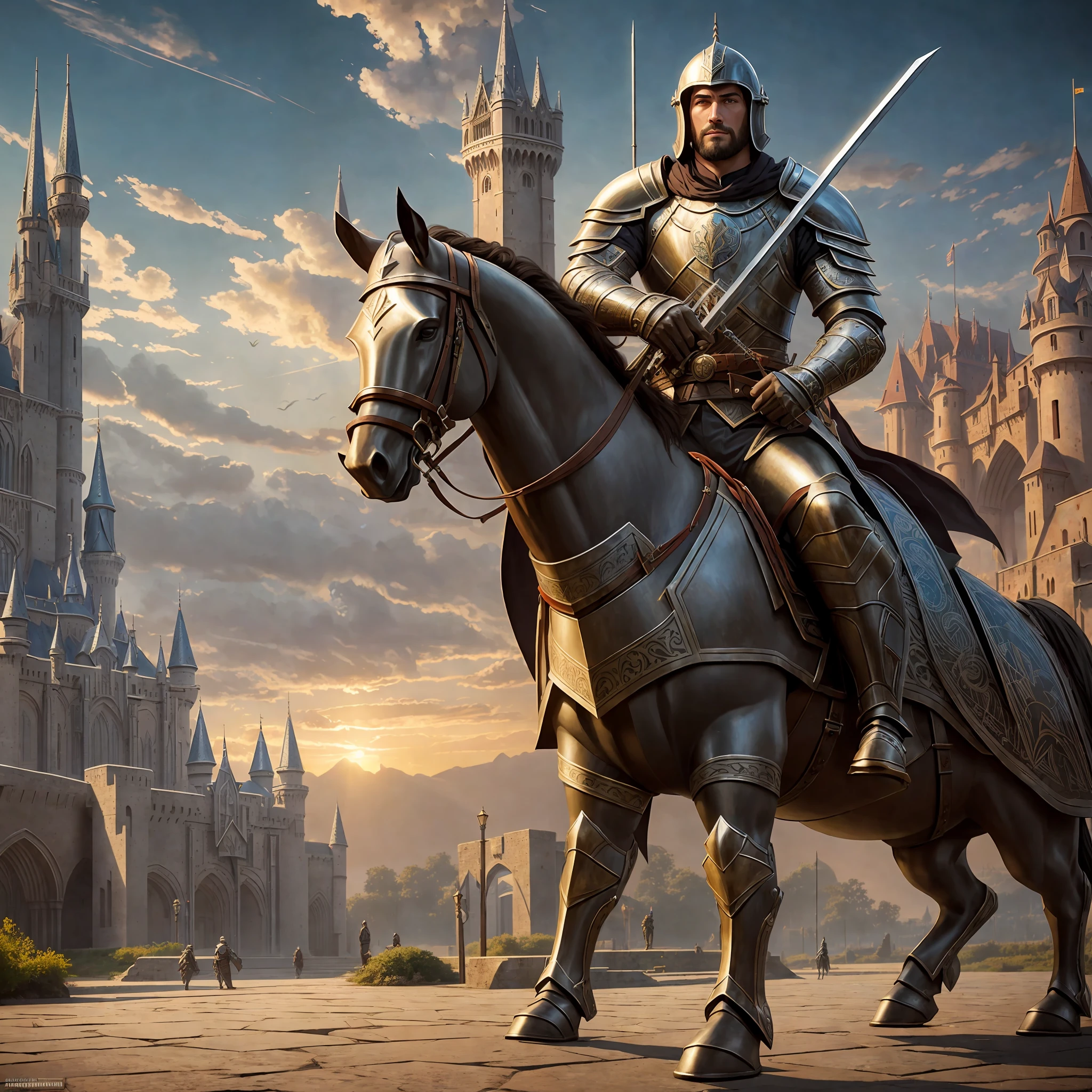 medieval knight in shining armor with cyberpunk style monograms, castle on the background, helmet, armor, sword, shield, brutality, glare, rogue, lightning, fantasy, magic, electricity, male, dnd character portrait, intricate, oil on canvas, masterpiece, expert, insanely detailed, 4k resolution, john william waterhouse, charlie bowater, agnes cecile, wassilly kandinsky, composition, framing, chiarocscuro , richly layered composition, hyper realistic, intricate detailed, detailed intricate environment, high resolution, sharp focus, precisionism, ambient occlusion, subsurface scattering, octane render, art by artgerm and alphonse mucha, Behance HD, CGSociety, trending on Artstation, art by midjourney, cinematic light, volumetric lighting, Megapixel Cinematic Lighting, Anti-Aliasing, FKAA, TXAA, RTX, SSAO, Post Processing, Post-Production, Tone Mapping, CGI, VFX, SFX