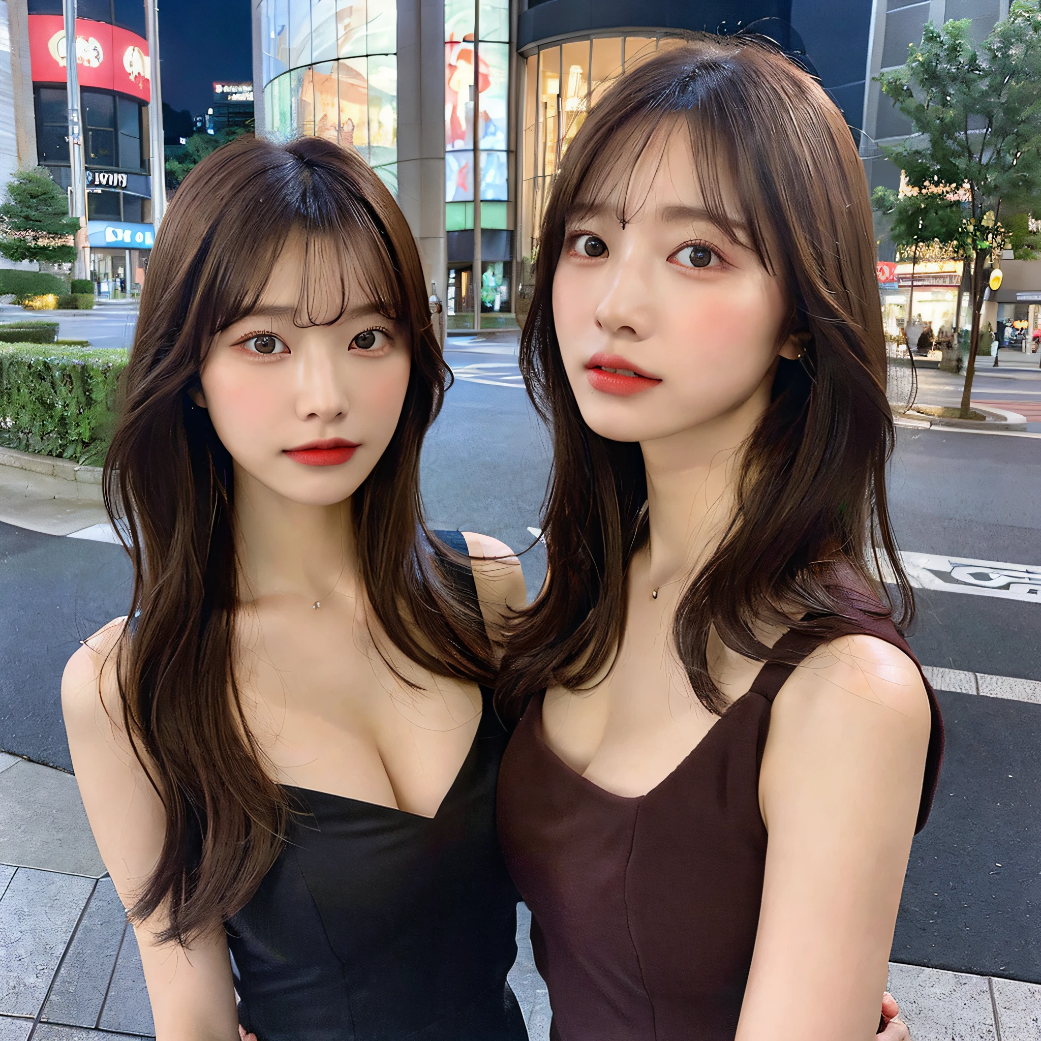 ((Realistic lighting, Best quality, 8K, Masterpiece: 1.3)), Clear focus: 1.2, 1girl, Perfect body beauty: 1.4, Slim abs: 1.1, ((dark brown hair, Big breasts: 1.3)), (Aqua dress: 1.4), (Outdoor, night: 1.1), City streets, Super fine face, fine eyes, double eyelids, exposed cleavage