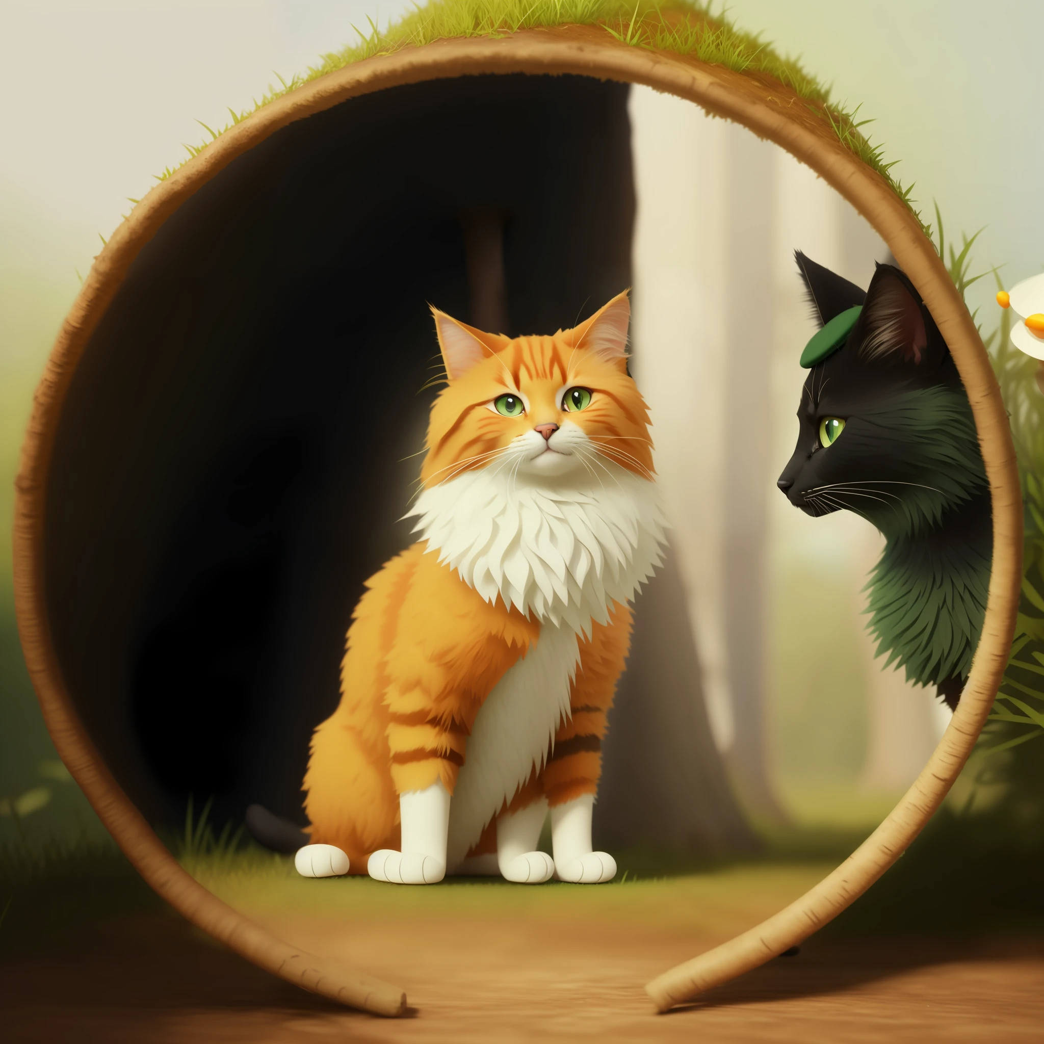 there is a cat that is standing in the grass with a mushroom hat on, adorable digital painting, cute detailed digital art, cute digital art, cute 3 d render, cat in the forest, stylized as a 3d render, 3 d render stylized, cute forest creature, stylized 3d render, teemo, fantasy matte painting，cute