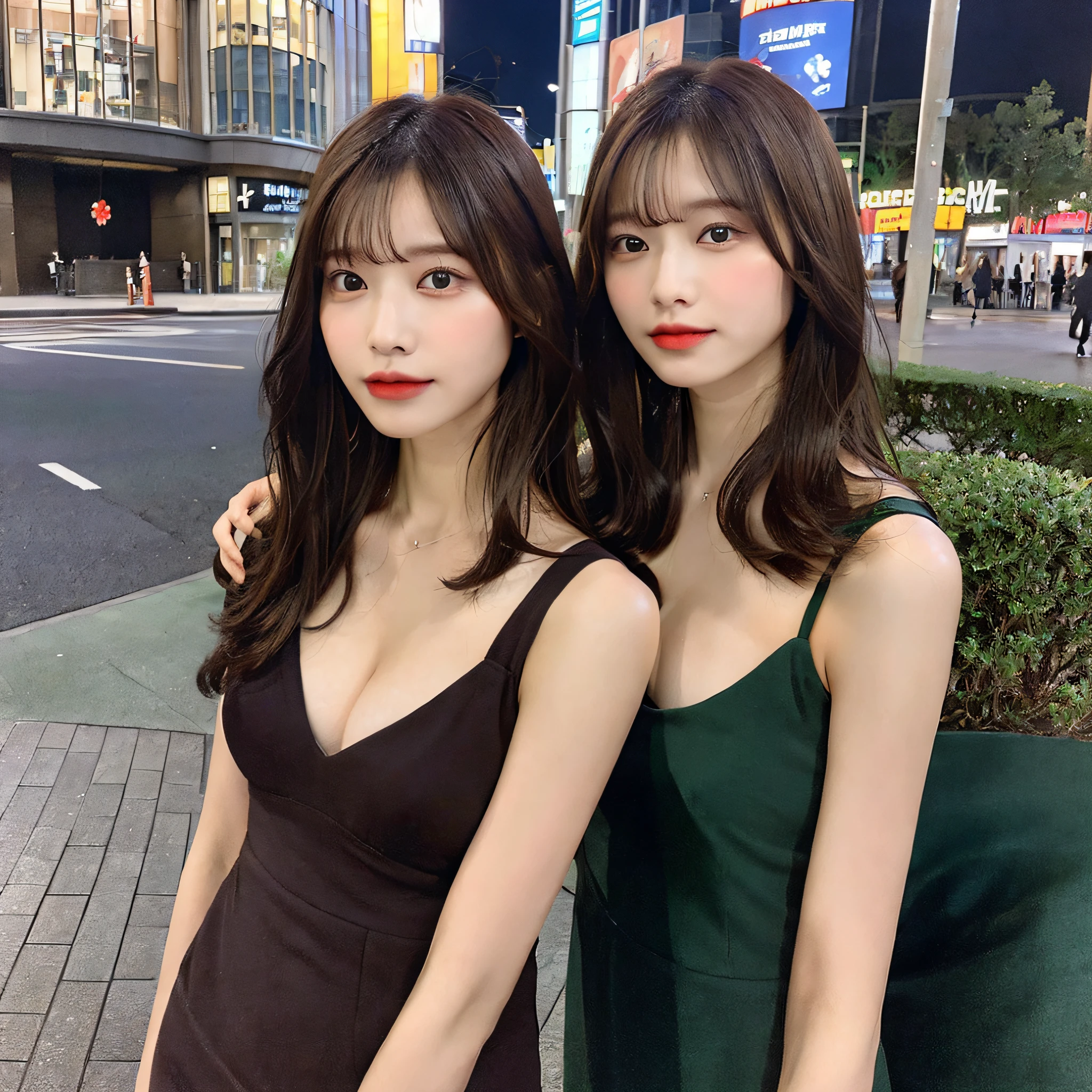 ((Realistic lighting, Best quality, 8K, Masterpiece: 1.3)), Clear focus: 1.2, 1girl, Perfect body beauty: 1.4, Slim abs: 1.1, ((dark brown hair, Big breasts: 1.3)), (Aqua dress: 1.4), (Outdoor, night: 1.1), City streets, Super fine face, fine eyes, double eyelids, exposed cleavage