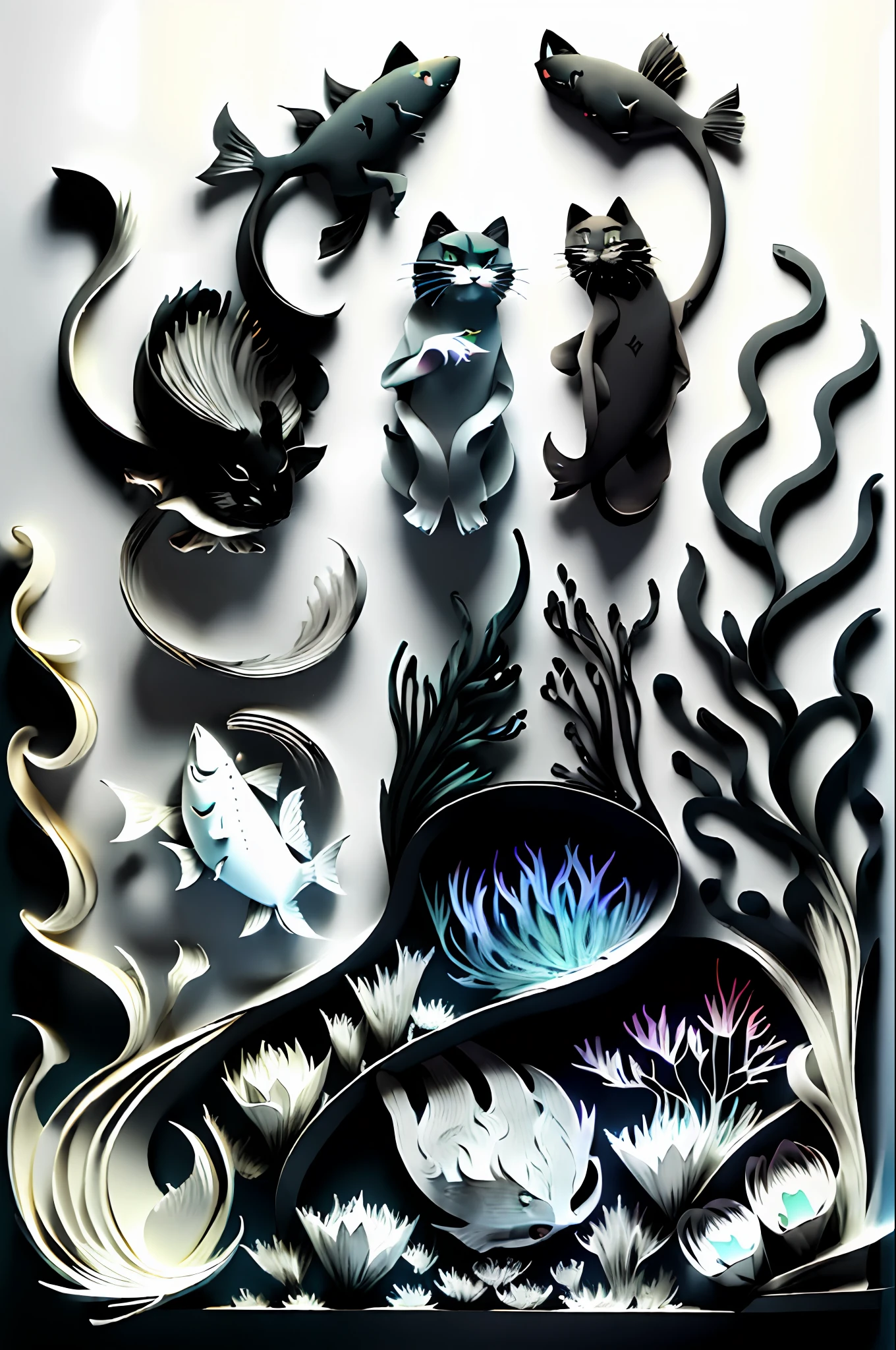 three cat, black white cat, gray cat, white black cat, (((masterpiece))),bestquality,illustration,beautifuldetailedglow,
paper_cut, underwear, (neon colours fish), gradient gray silver colorful, Sony FDR-AX60