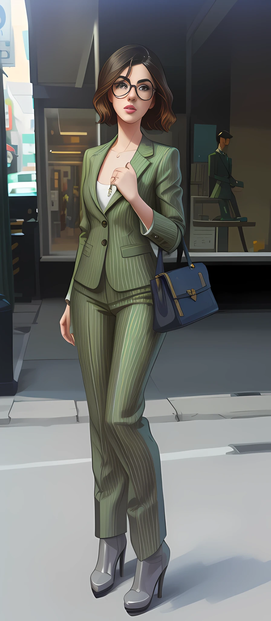 Painting a woman in a green suit and boots standing on the sidewalk, digital art elegant and neatly dressed. Sexy, modern minimalist suit painting inspired by Vincent Lefevre, fashion game screenshot inspired by Sim Sa-jeong, highly detailed delicate fanart, art style in bowater, elegant digital painting, style in Ross Tran, character cutout, gradient background