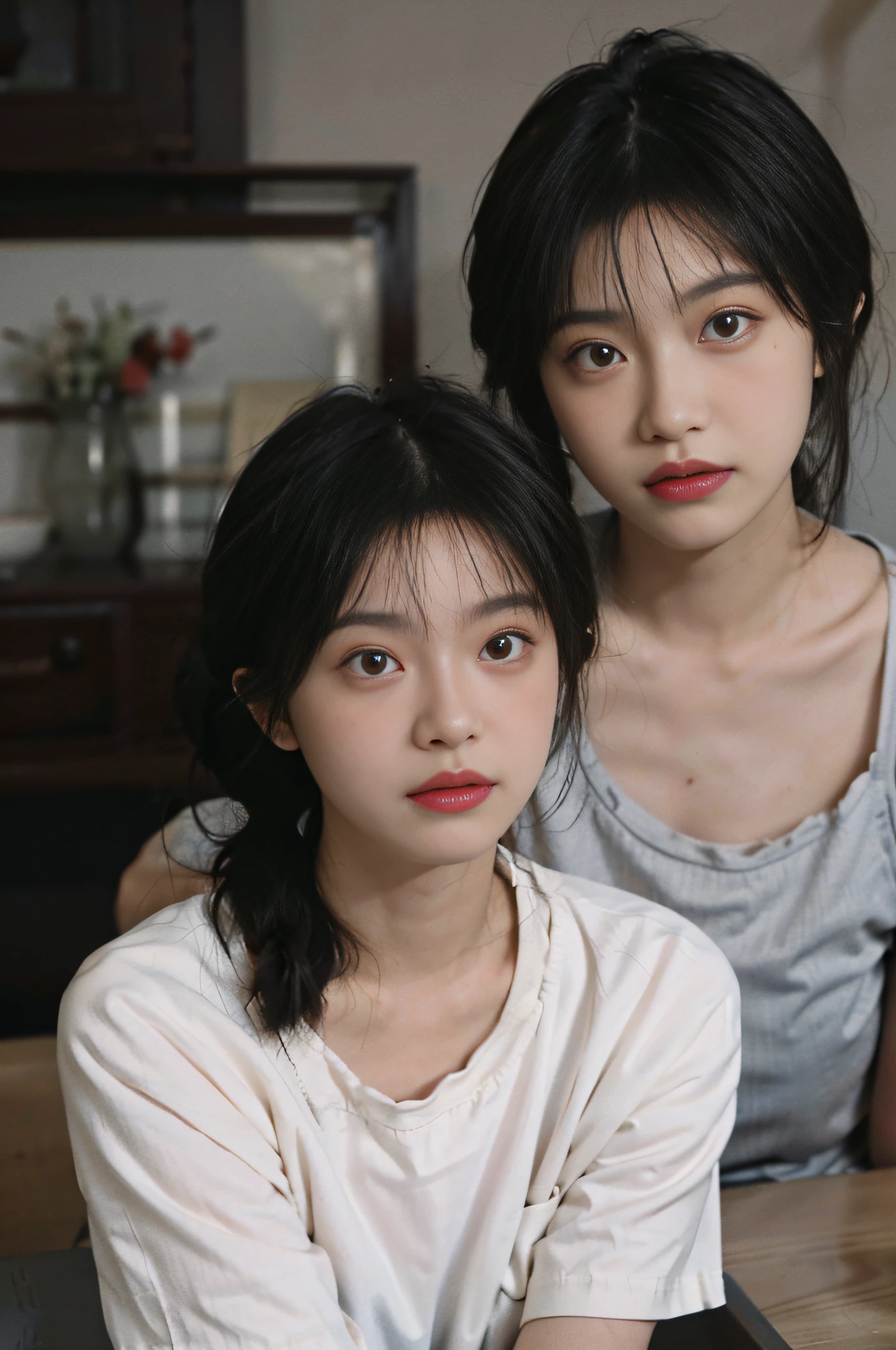 Temperament girl, delicate facial features, bangs, brown ponytail, messy hair, hair is very realistic, wearing a pink shirt with short sleeves, the background is a studio, sea view, Du Qiong, exquisite makeup, light red lips, big eyes, double eyelids, black holes, bright eyes, symmetrical face, very real face, narrow waist, thighs, meticulously portraying the girl's face, blush, super high appearance, looking at the audience, very realistic skin, skin oil reflection, artwork, clothes with real fabric texture, realistic painting, Cinematic style, photography level, ray tracing, realistic light and shadow effects, realism, masterpiece, like the top photography effect, 8K