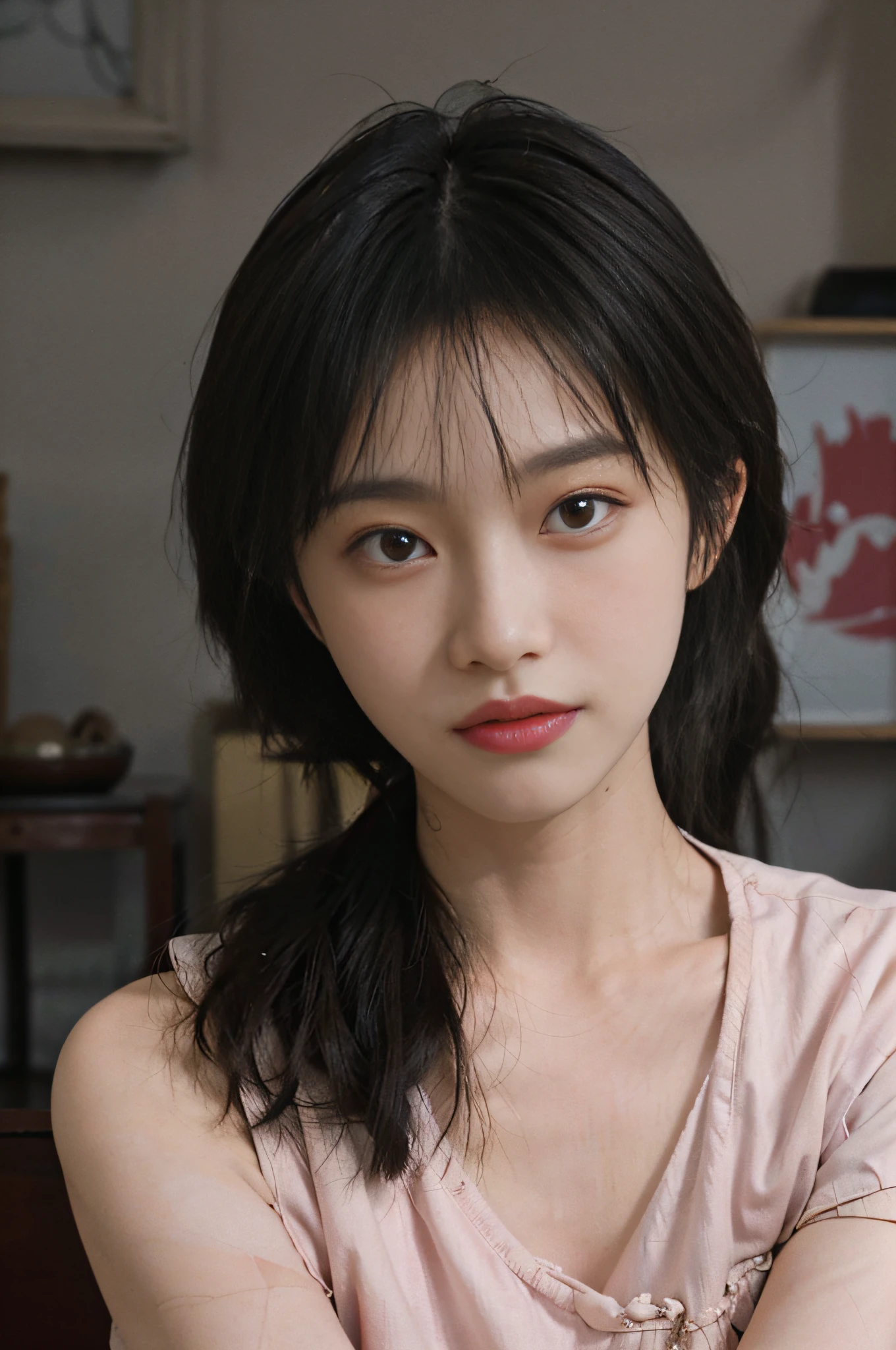 Temperament girl, delicate facial features, bangs, brown ponytail, messy hair, hair is very realistic, wearing a pink shirt with short sleeves, the background is a studio, sea view, Du Qiong, exquisite makeup, light red lips, big eyes, double eyelids, black holes, bright eyes, symmetrical face, very real face, narrow waist, thighs, meticulously portraying the girl's face, blush, super high appearance, looking at the audience, very realistic skin, skin oil reflection, artwork, clothes with real fabric texture, realistic painting, Cinematic style, photography level, ray tracing, realistic light and shadow effects, realism, masterpiece, like the top photography effect, 8K