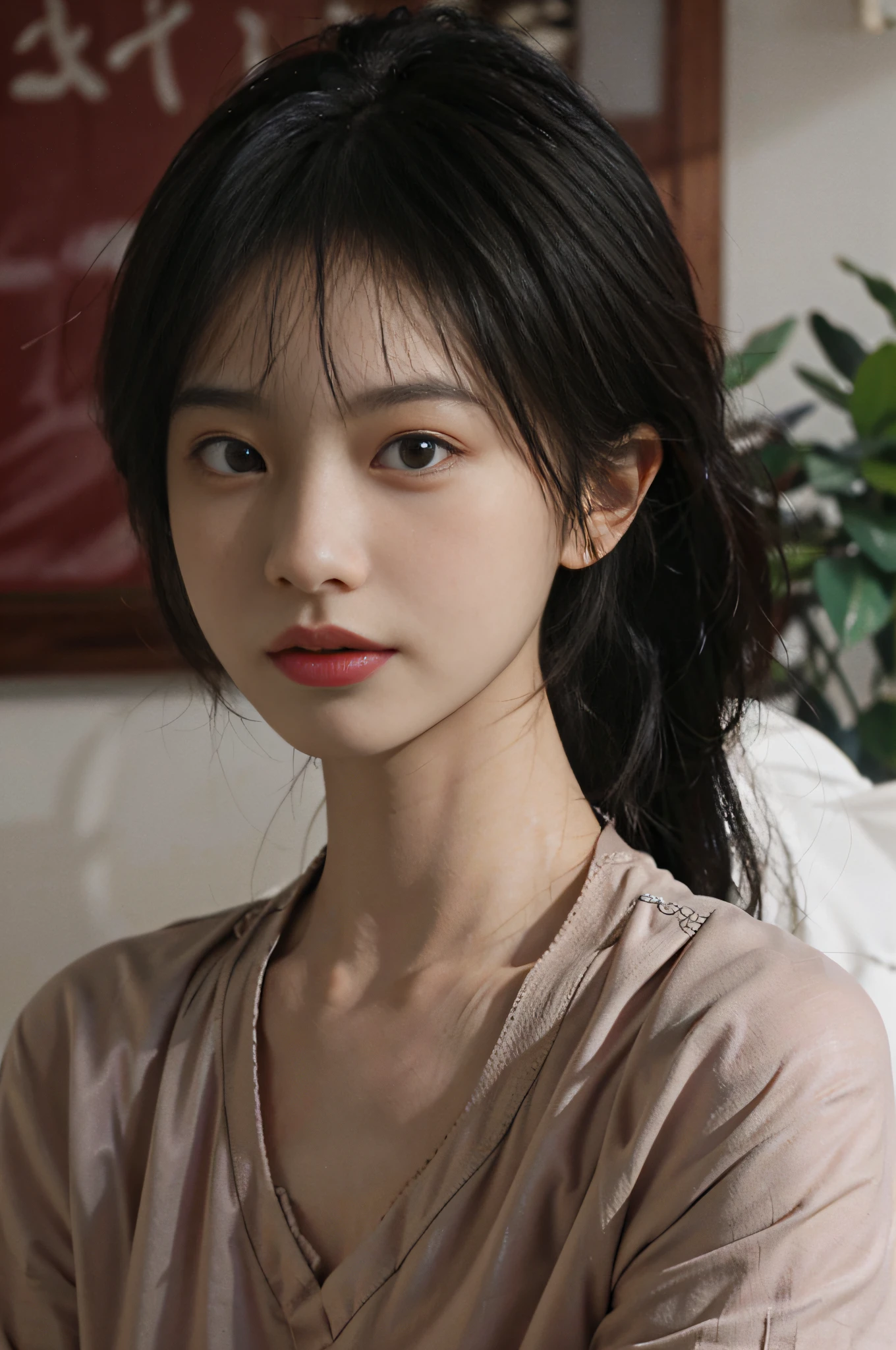 Temperament girl, delicate facial features, bangs, brown ponytail, messy hair, hair is very realistic, wearing a pink shirt with short sleeves, the background is a studio, sea view, Du Qiong, exquisite makeup, light red lips, big eyes, double eyelids, black holes, bright eyes, symmetrical face, very real face, narrow waist, thighs, meticulously portraying the girl's face, blush, super high appearance, looking at the audience, very realistic skin, skin oil reflection, artwork, clothes with real fabric texture, realistic painting, Cinematic style, photography level, ray tracing, realistic light and shadow effects, realism, masterpiece, like the top photography effect, 8K
