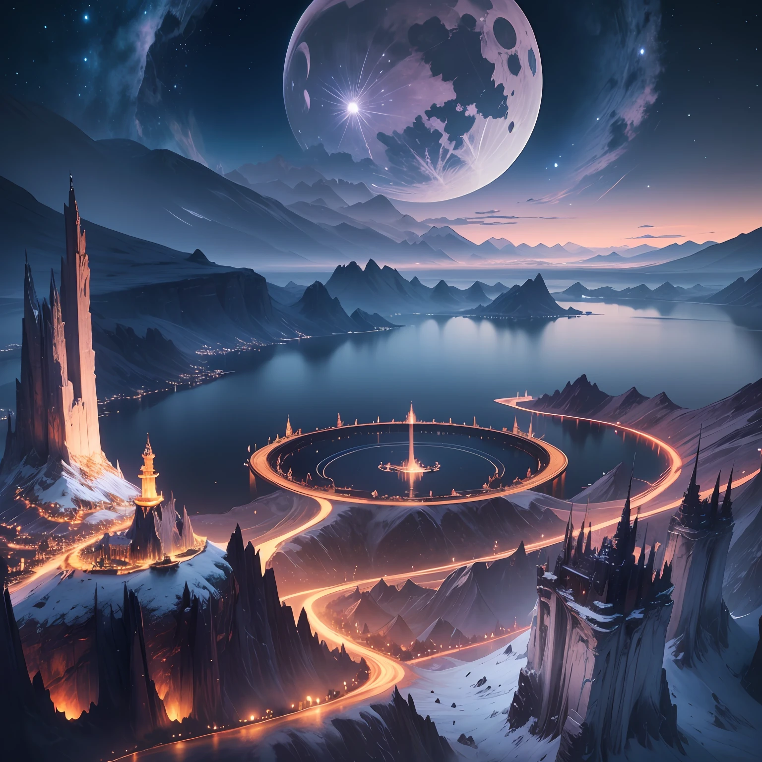 mountains and a lake with a moon in the sky, 4k highly detailed digital art, 4 k hd wallpaper very detailed, impressive fantasy landscape, sci-fi fantasy desktop wallpaper, unreal engine 4k wallpaper, 4k detailed digital art, sci-fi fantasy wallpaper, epic dreamlike fantasy landscape, 4k hd matte digital painting, 8k stunning artwork --auto --s2