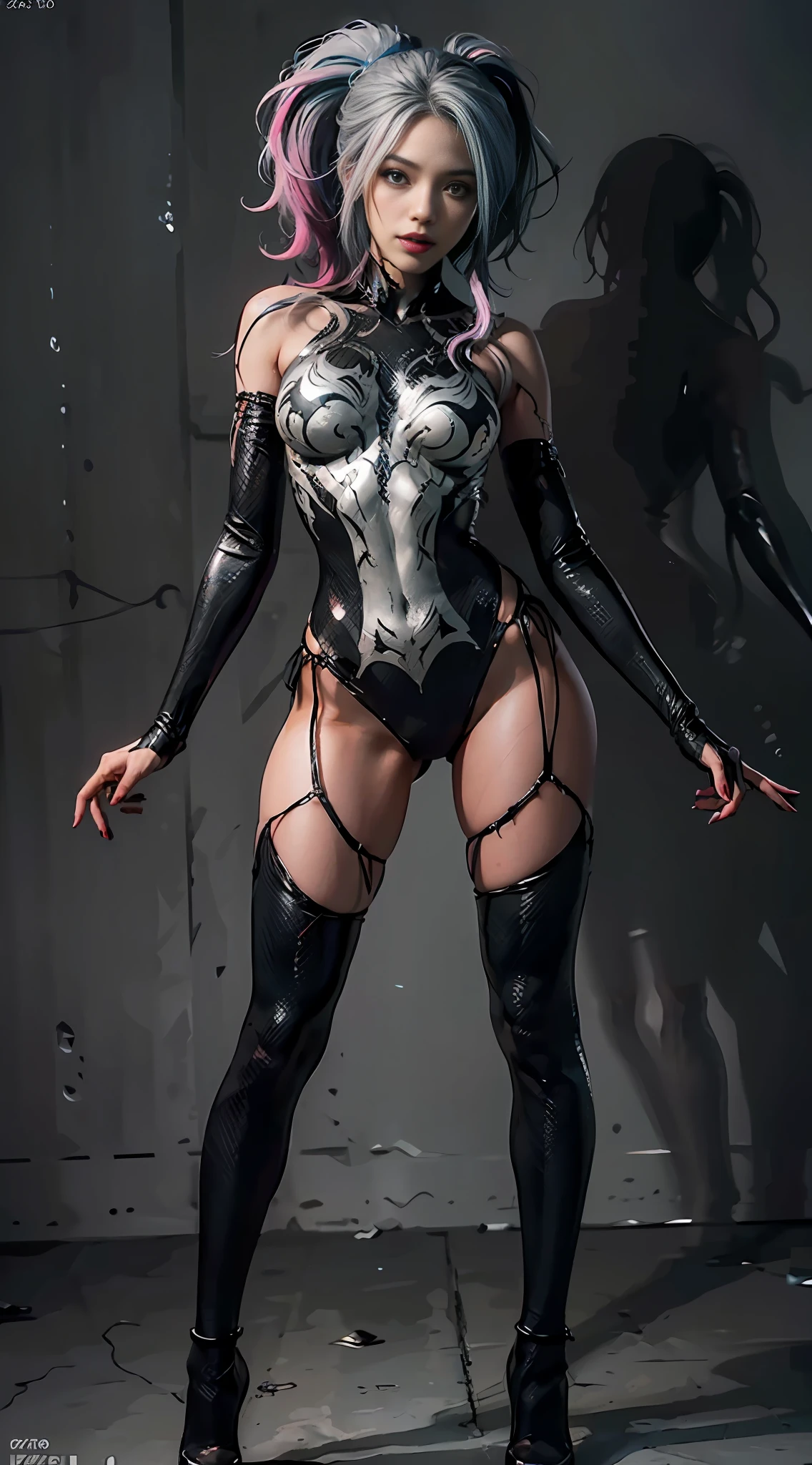 Symbiote, full body front view visible on feet: 1.5, headlights: 1.5, standing character: 1.2, highly creative illustration depicting a mixture of DC character Harley Quinn and Marvel character female venom, solid color background, beautiful face: 1.6, full body, fine slits, skinny legs, slender waist, camelto, highly detailed clothing, (extreme detail CG Unity 8K wallpaper, masterpiece, highest quality), (exquisite lighting and shadows, highly dramatic graphics, cinematic lens effects), symmetrical asymmetry, Heavy shadows, (((hyper-detail))), ((best quality))), ((masterpiece))), high resolution, 8K, anatomically correct, UHD, (excellent detail, excellent lighting, wide angle), (excellent rendering is enough to stand out in class), focus on Halle Quinn hair color and double ponytail style: 1.5, smoky makeup: 1.5, eyeshadow: 1.5, complex co-texture: 1.5 - not out of the frame