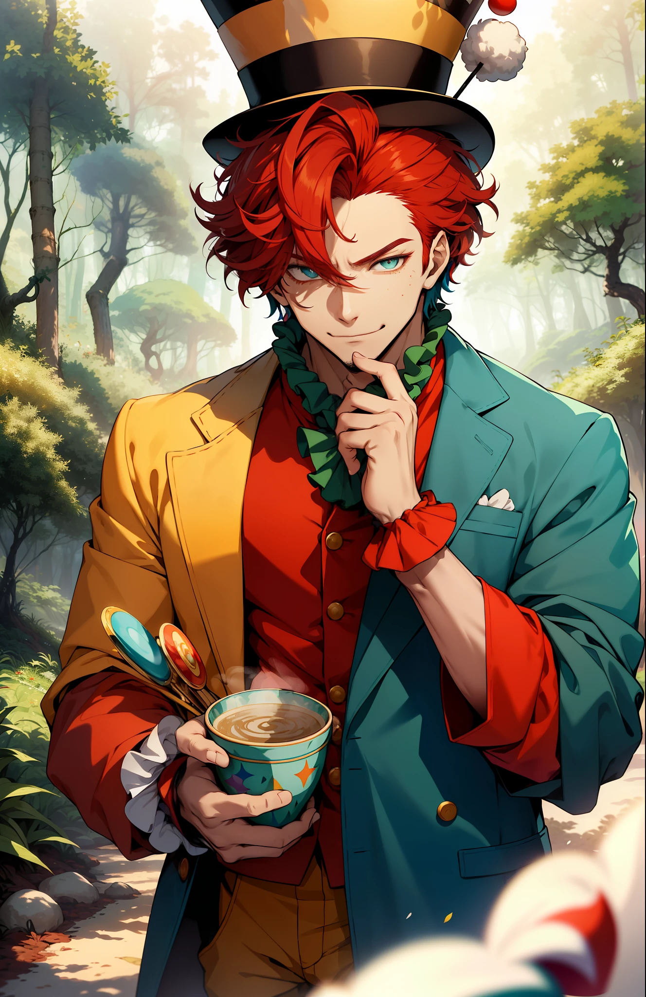 A whimsical Mad Hatter from Alice in Wonderland, reimagined in the style of a Studio Ghibli anime film. He is standing in a lush forest clearing, surrounded by bright and colorful wildflowers. In one hand, he holds a steaming cup of tea, and with the other hand, he bows his top hat in greeting. ((Red hair)) ((curly and fluffy)) ((short hair)) ((Male clown makeup)) ((Combination of colors of clothing between several shades of green, several shades of yellow and several shades of blue)) ((extreme sideburns)) ((milk-white skin)) ((black eyelids)) ((slim but muscular body complexion)) ((freckles)) ((adult)) ((face zoom)) ((crazy and elegant men's clothing)) ((male character)) ((bicolor eyes)) (((red knob)))